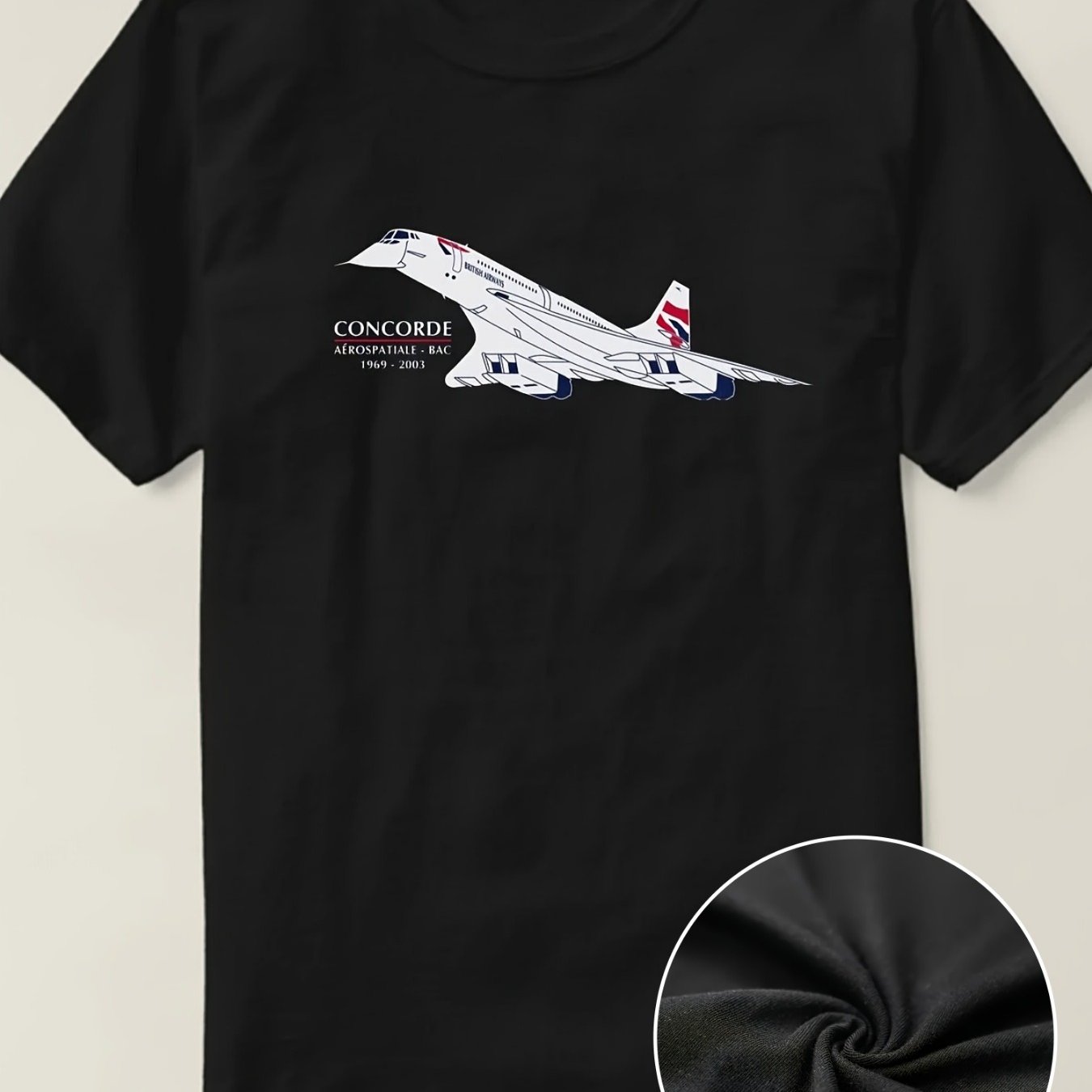 Image of Men's 100% Cotton Short Sleeve Crew Neck T-shirt - Concorde Aircraft Graphic, Black Casual T-shirt, Suitable For Casual Wear, 200g, Clothing Graphic Crew Neck Digital Heat Transfer Printing