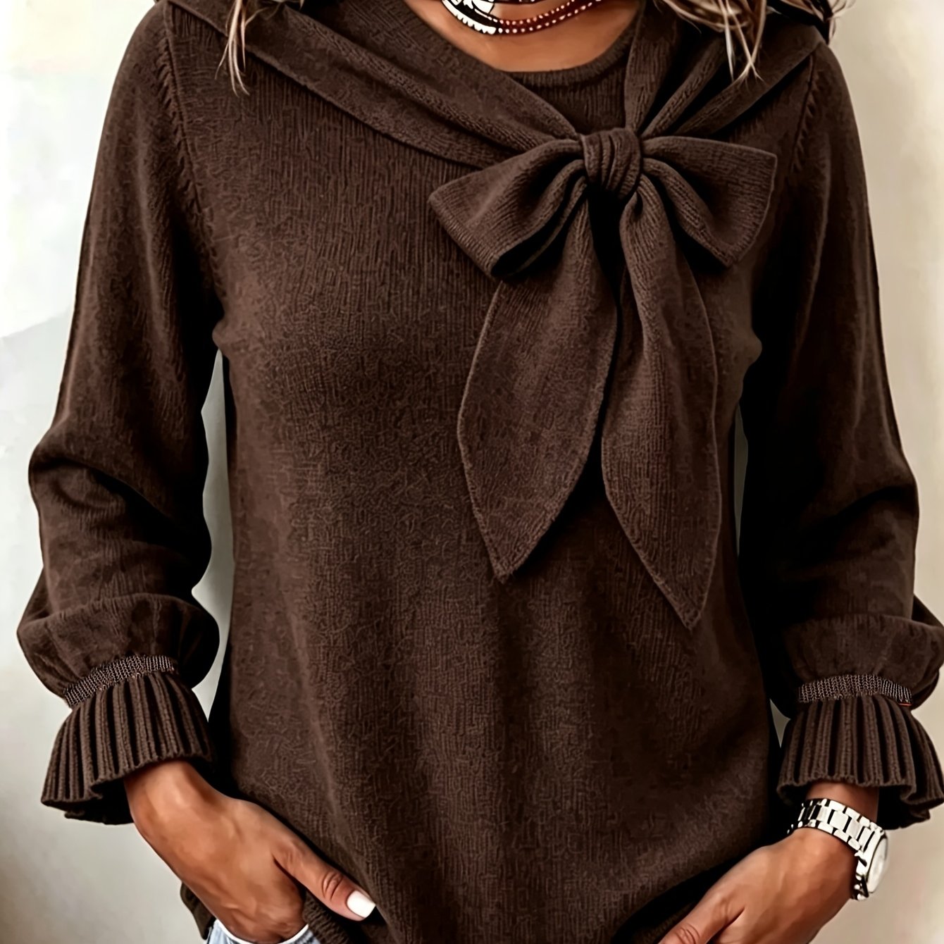 TEMU Plus Size, Middle Eastern Chinese- Casual Loose-'s Pullover Sweater With A Round Neck And Bow, Solid Color, Sexy And Slim-fitting. The Fabric Is