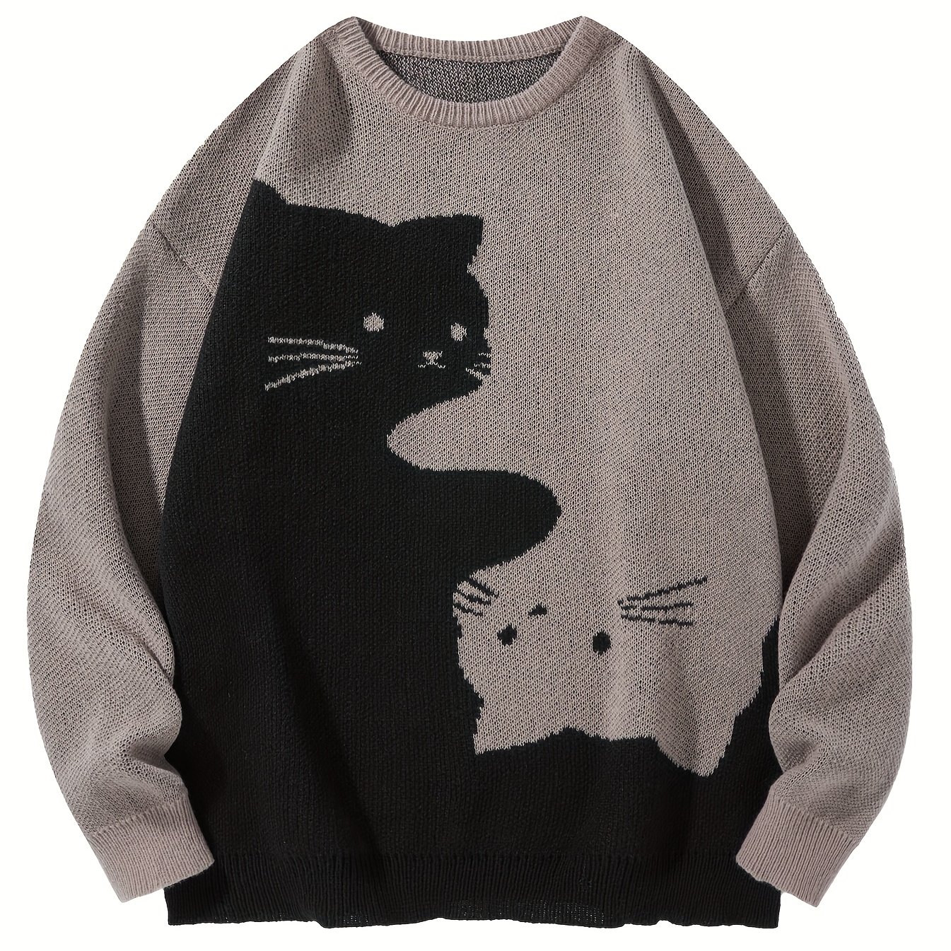 TEMU [ Khan Obm] Neck Sweater Men's Knit Sweater Couple Pullover Animal Pattern Jacquard Cat Long Sleeve Top Base Layer Unisex Student Daily Casual