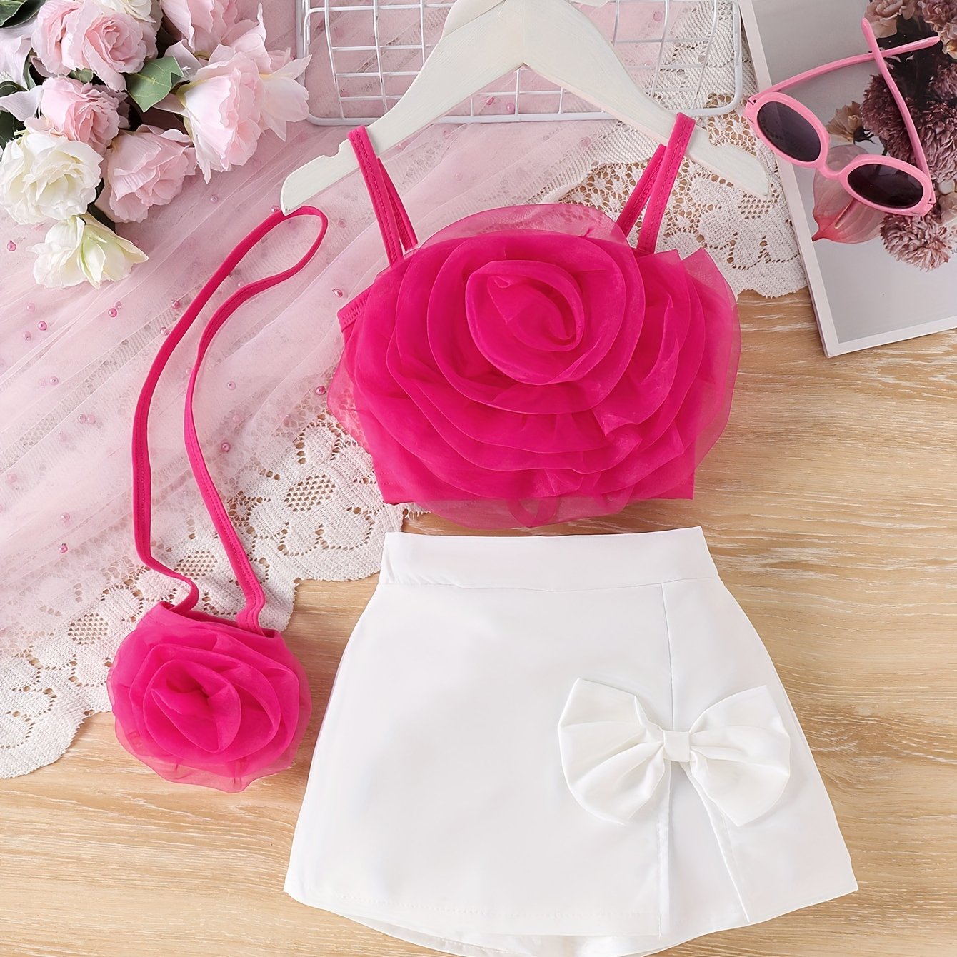 Image of Rose Floral Top And White Short Skirt And Bag 3pcs Set P100590