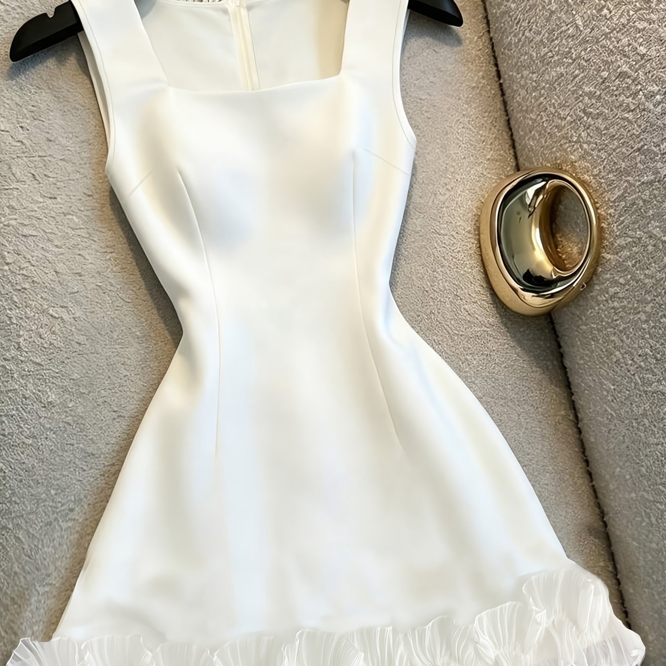 TEMU Elegant White Summer Square Neck Sleeveless Dress With Ruffles, Bar Gatherings, Wedding Guests, Graduation Ceremonies, And Office Wear