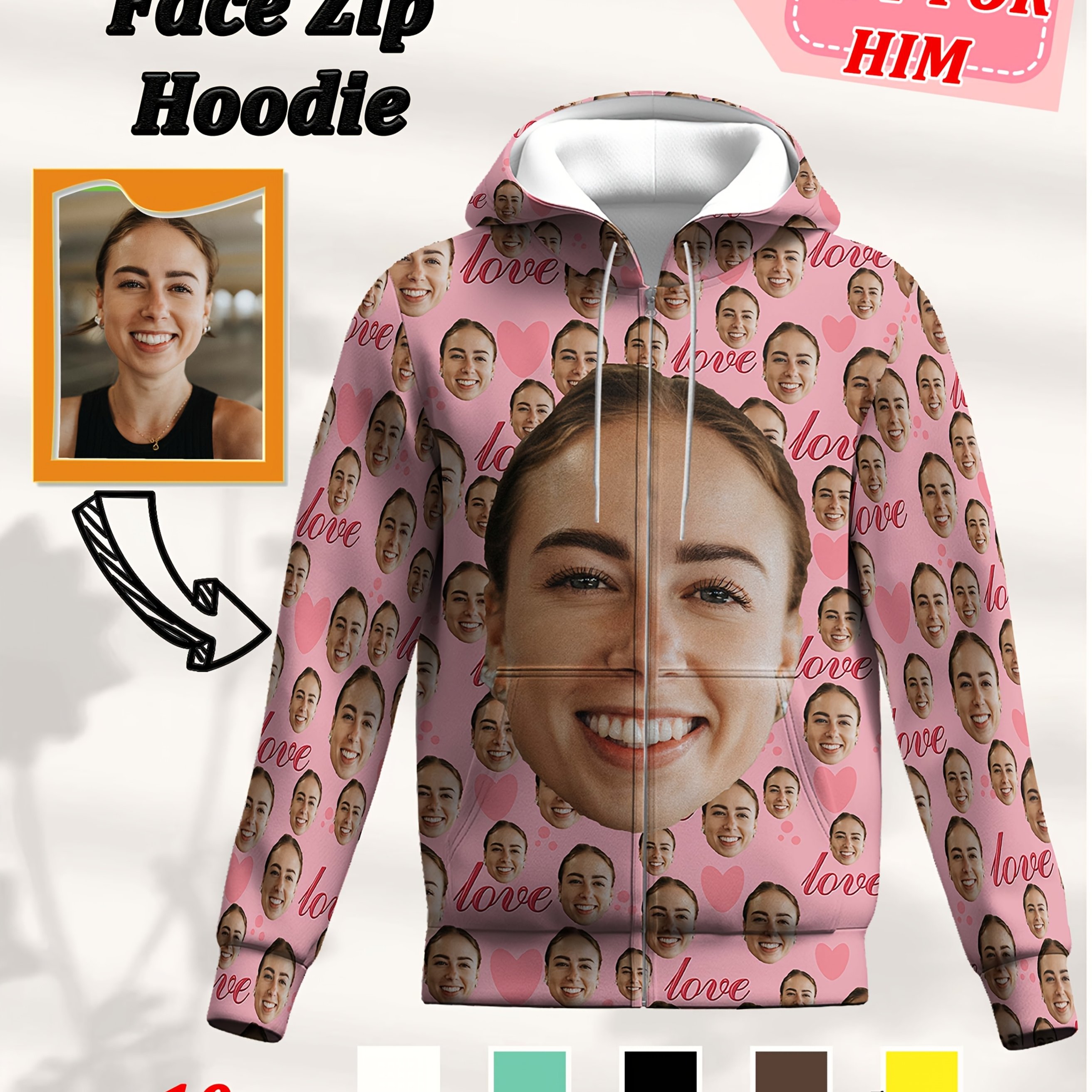 TEMU Customized 3d Printed Face Pattern Men's Large Size Zipper Hoodie, Large Size Personalized Men's Sweatshirt, Casual And Fashionable Men's