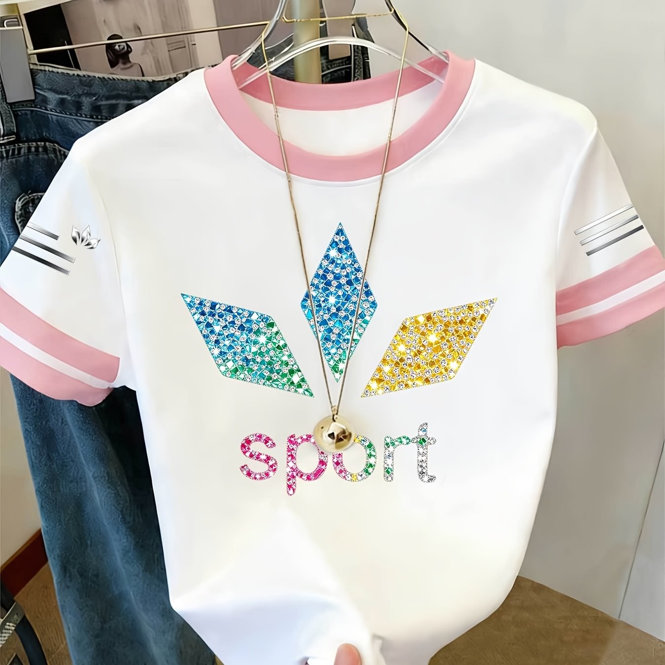 TEMU 1pc Women's Colorblock T-shirt With Gradient Colored Diamond Geometric Print, Colorblock Summer Sleeve Crew Neck Short Sleeve T-shirt -