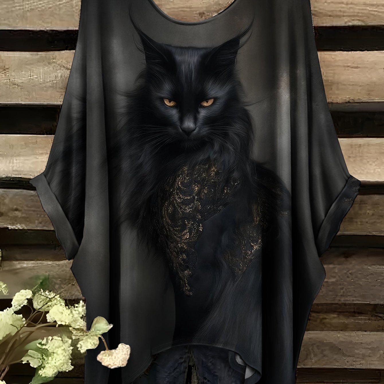 E-shop Plus Size Damen Casual Batwing T-Shirt - Dunkle Nacht Katzen-Silhouette Druck, Bequemer Rundhals-Ausschnitt, Maschinenwaschbarer -Top