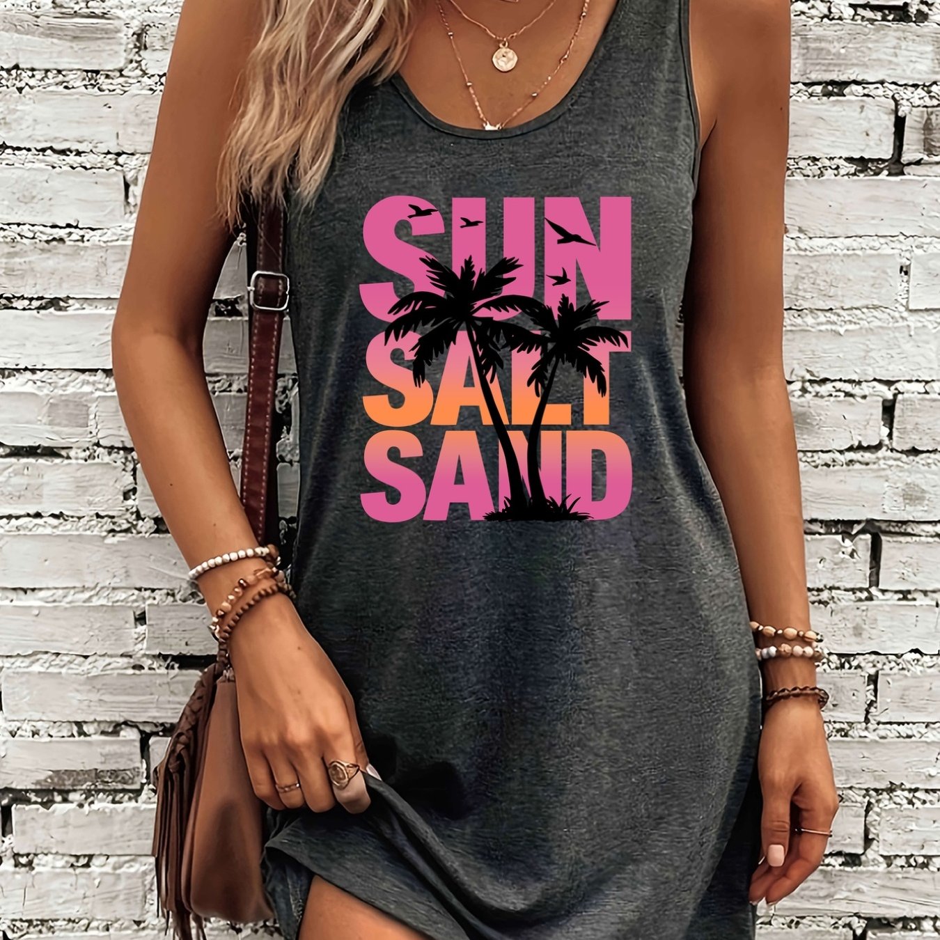 TEMU Vestido Chaleco Elegante para Mujer con Estampado de Palmeras Adecuado para Verano Otoño, , Lavable a Máquina, Ropa para Todas , Vestido