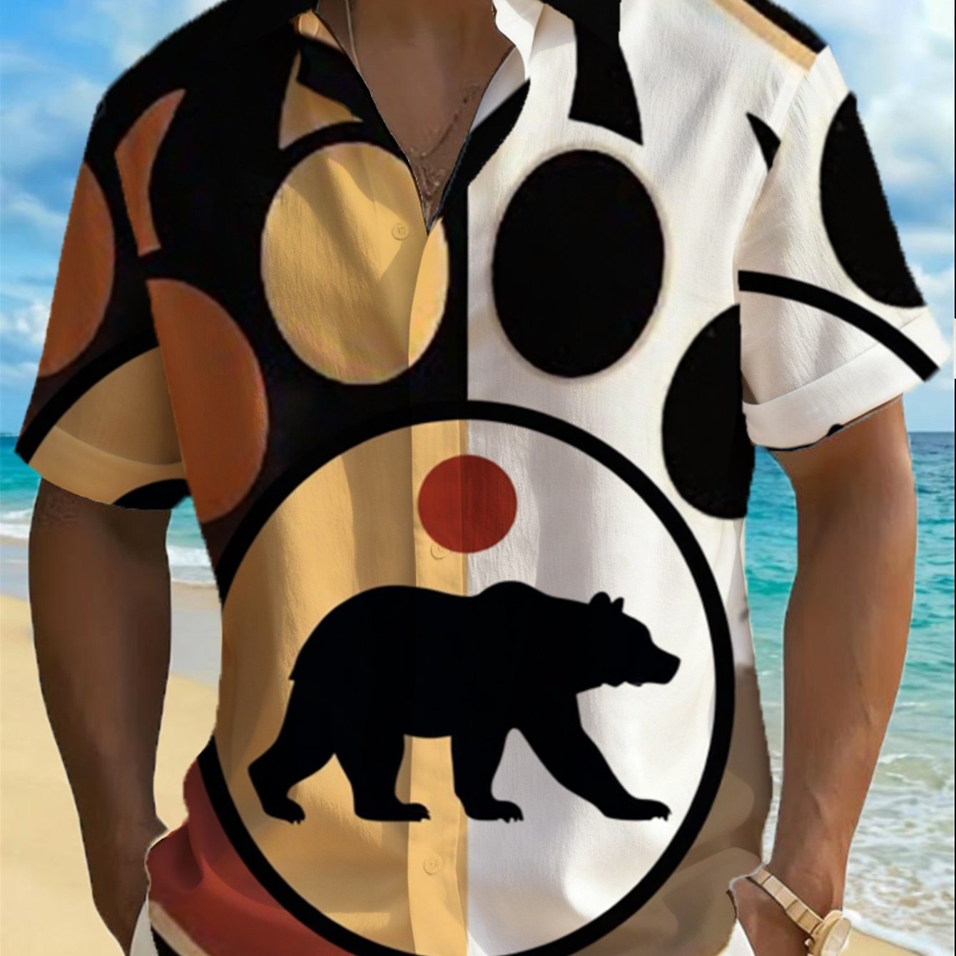 Image of Men's -up Shirt - Short Sleeve Collar Top With Contrast Warm/monochrome Design & Bear Emblem, Machine Washable Suitable For , Weekend Wear, Casual Button- Shirt