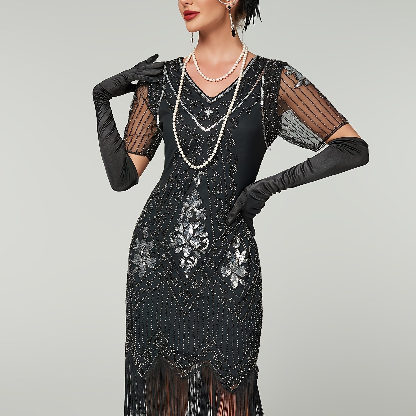 Plus Size - Plus Size - 1920s Vintage Sequin Dress Party Fringe Short Sleeve Gown For Gatherings And Celebrations, Embellished Cocktail Dress (in Stock)