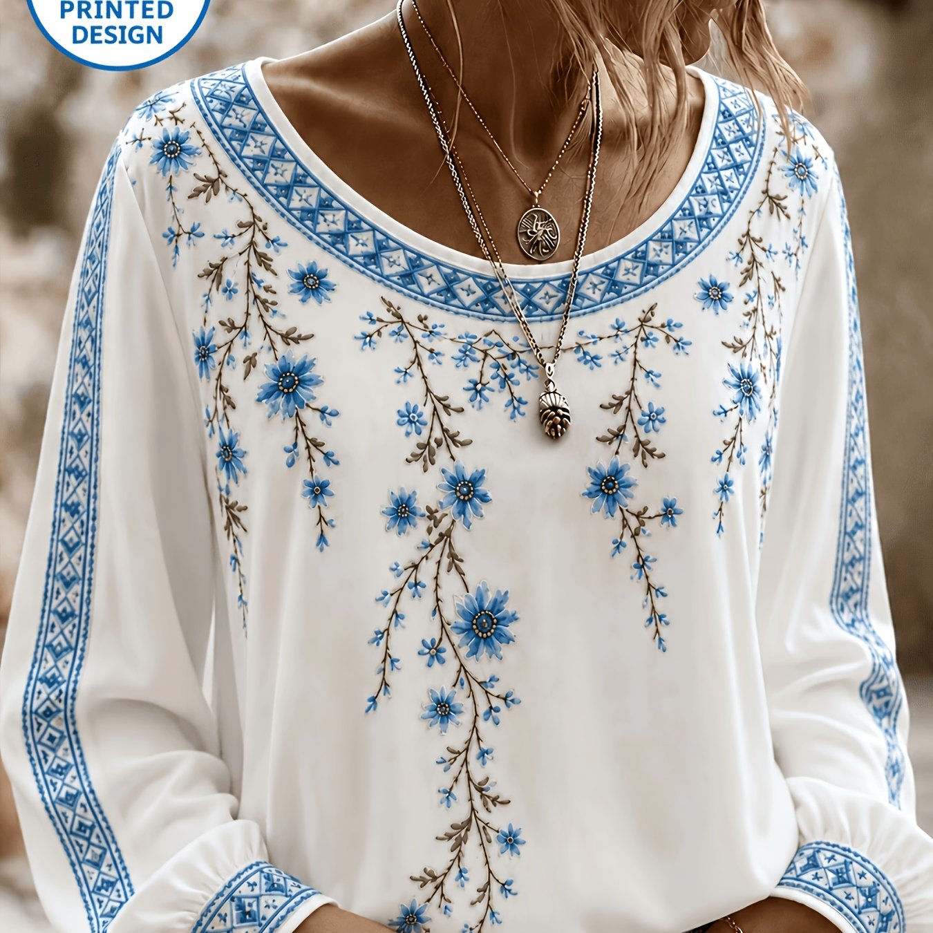 TEMU Bohemian Floral Printed Long Sleeve Top For Women, Round Neck Ethnic Pattern Lantern Sleeve T-shirt, Vacation Casual Temperament Pullover