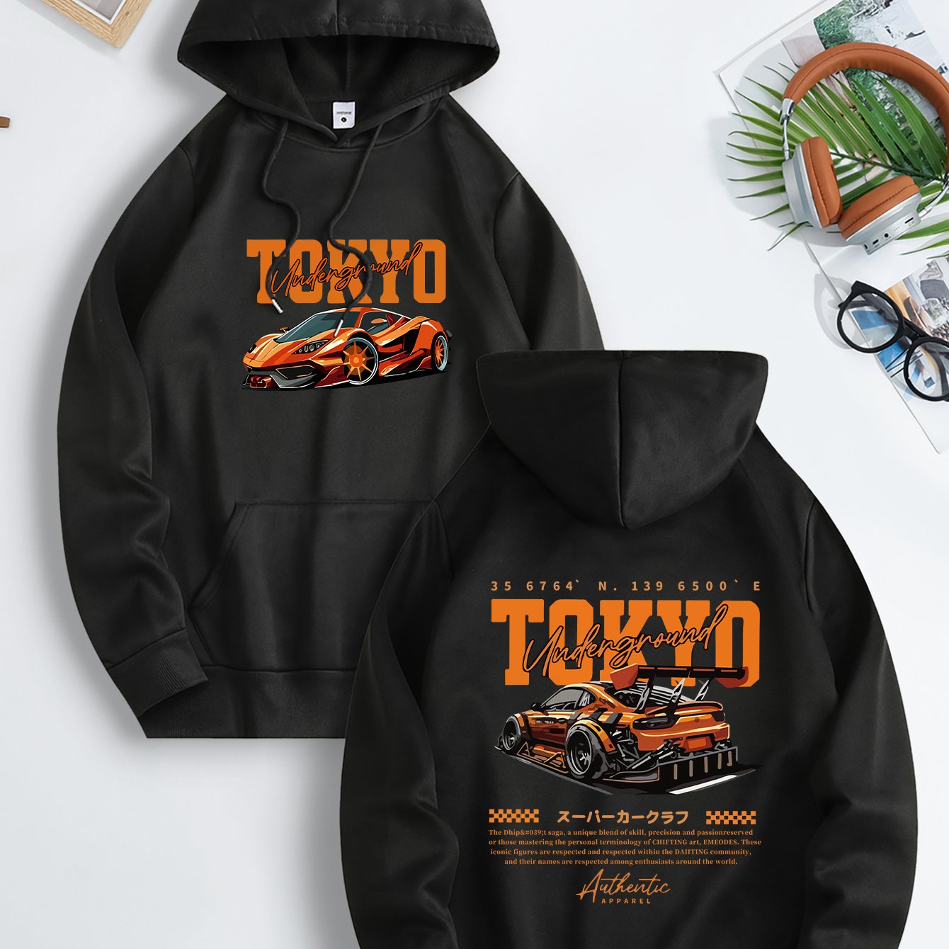 TEMU Men's Tokyo Racing Car Print Hoodie, Casual Polyester 100% Knit Fabric With Slight Stretch, Regular Fit Hooded Sweatshirt With Drawstring,