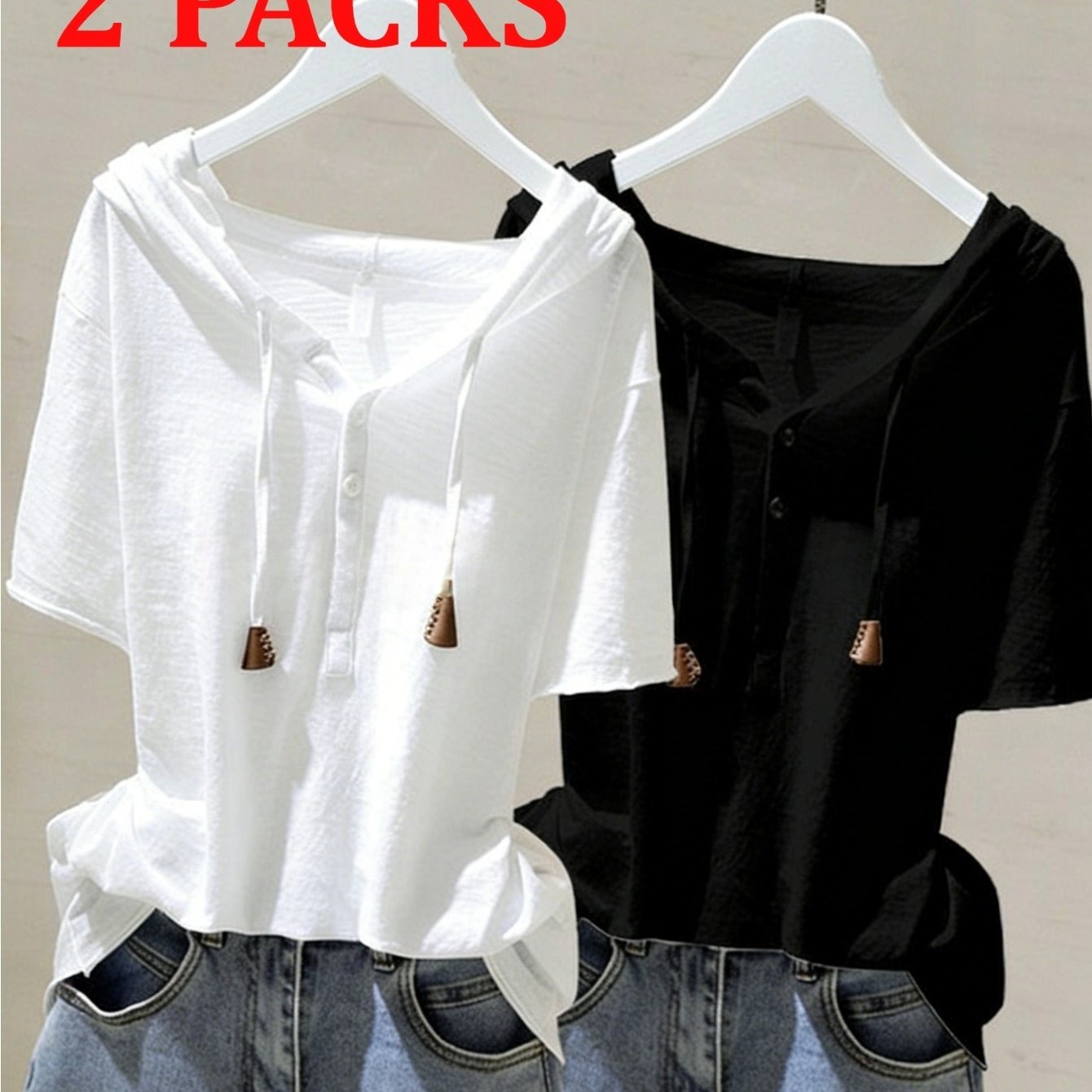 TEMU 2-pack Women's Lightweight Hooded T-shirt, Short Sleeve V-neck Top For Summer