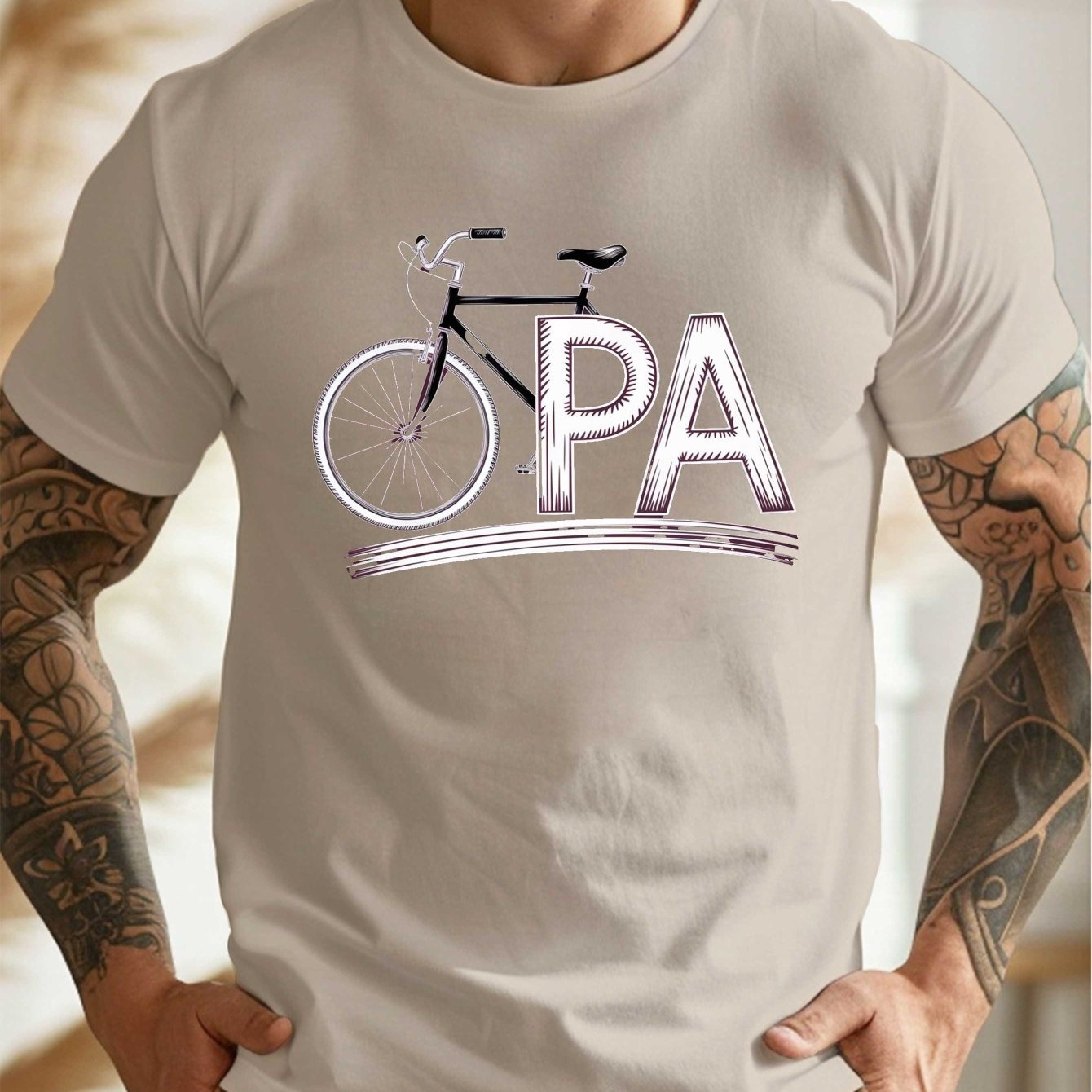 Opa Men's Bicycle Sketch Graphic T-shirt - Lightweight Summer Crew Neck Tee With Geometric Print, Regular Fit Casual Top For Casual Attire, Shirt