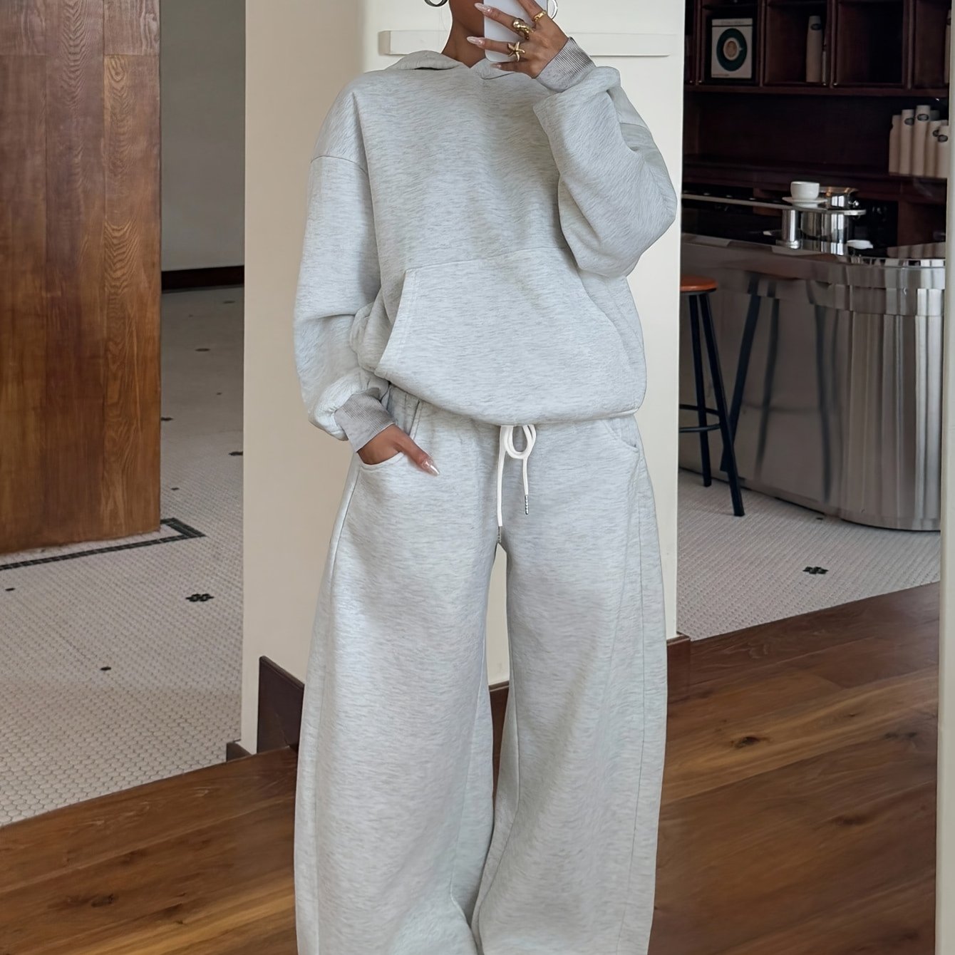 TEMU Plus Size - Herbst Winter Neues Set in großen Größen, einfarbig, Kapuzen-Fleece-Sweatshirt mit Kängurutasche und Weitbein-Hosen mit Kordelzug,
