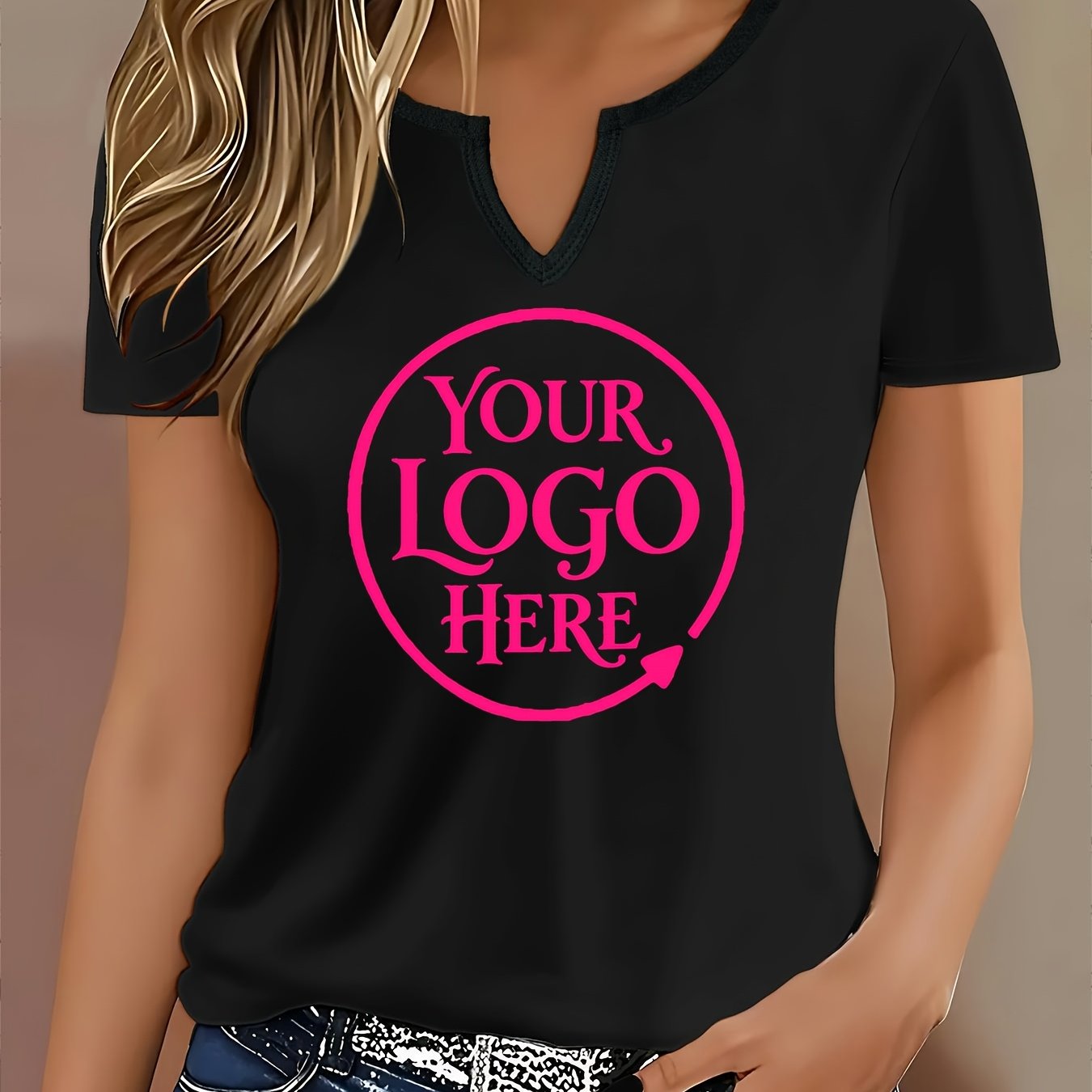 TEMU Customized Women's Notched V-neck Short-sleeved T-shirt With . Customized Printed T-shirt With