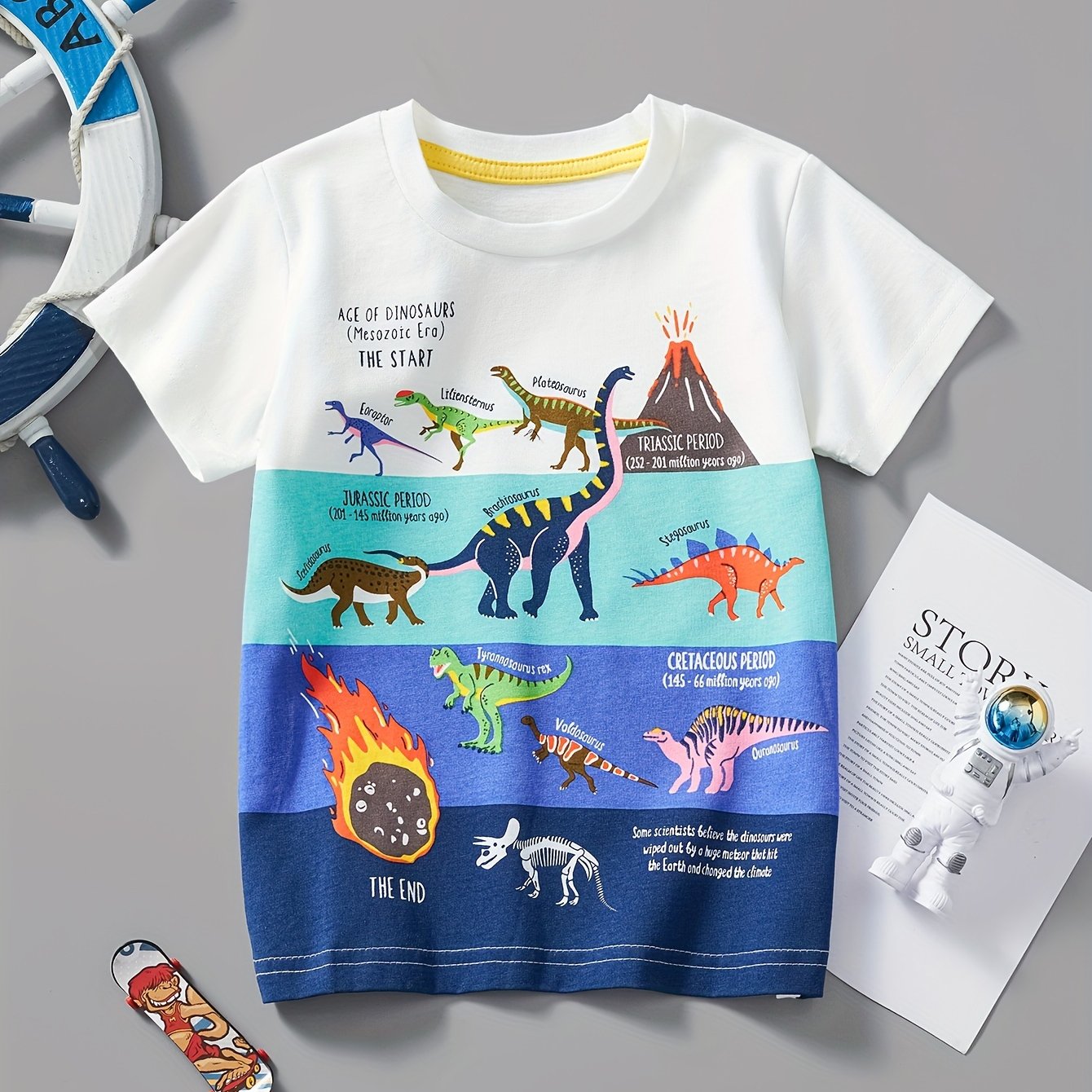 Image of Casual Short Sleeve T-shirt Top, Cartoon Dinosaur Print Pattern, Summer Breathable Trendy Style, Boys And Girls Clothes