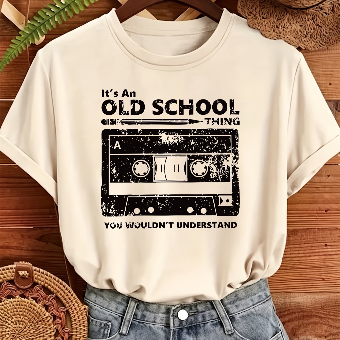 Image of Plus Size - Women's Retro Cassette Tape Graphic Tee| Vintage " An Old Thing" Distressed Loose Short Sleeve, Comfortable Top For Music Lovers And Gifting