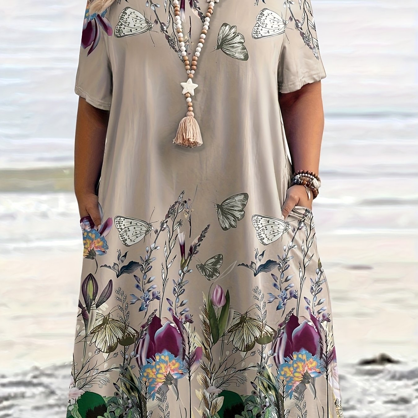 TEMU Plus Size, Summer New Arrival Plus-size Women's Vacation-style Simple Floral Print Dress, Suitable For , Casual And Chic