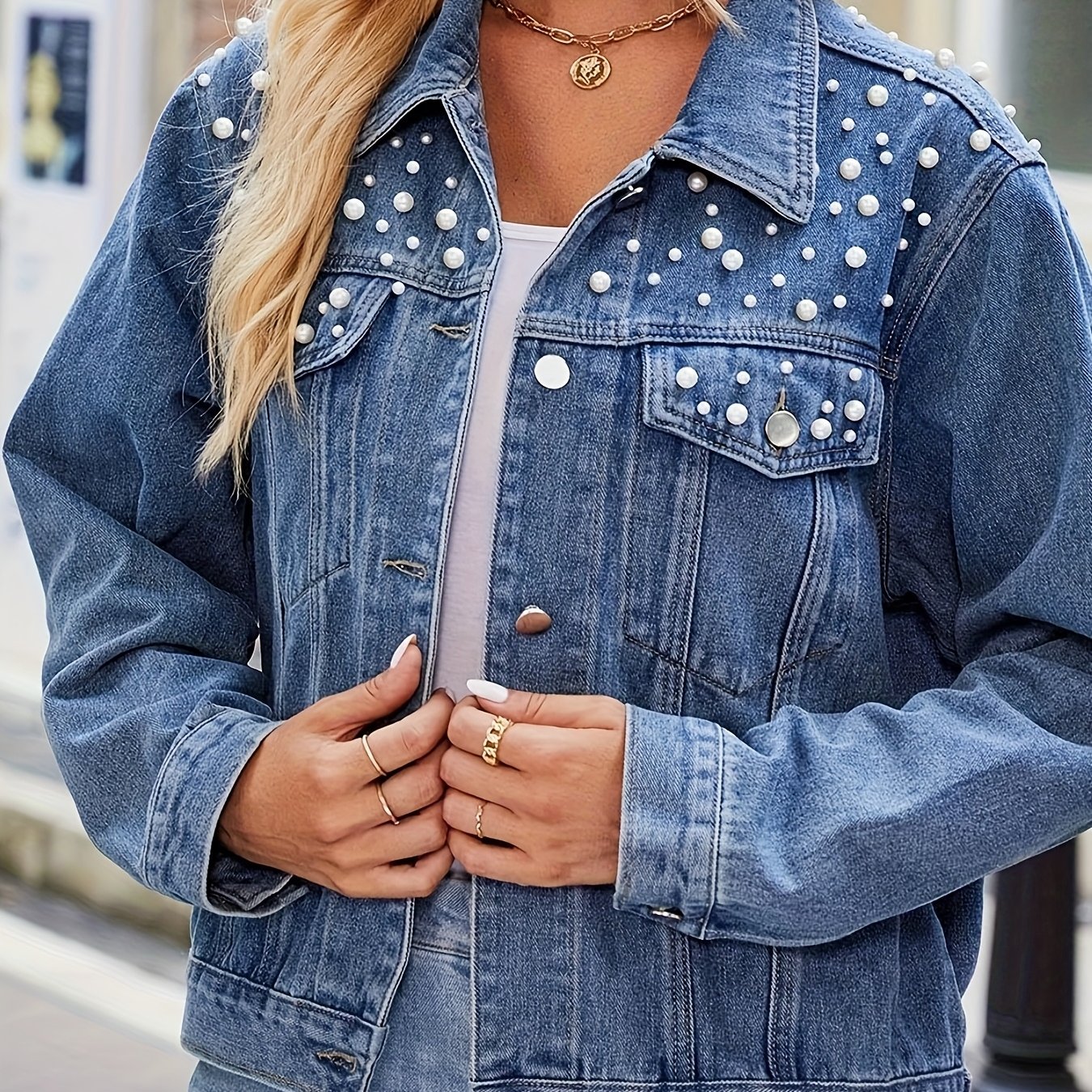 TEMU Denim Jacket For Women, With Pearl Beads, Featuring Front Buttons, In A , Perfect For Casual , Parties, And More. This Is A Party Coat With Pearl Embellishments