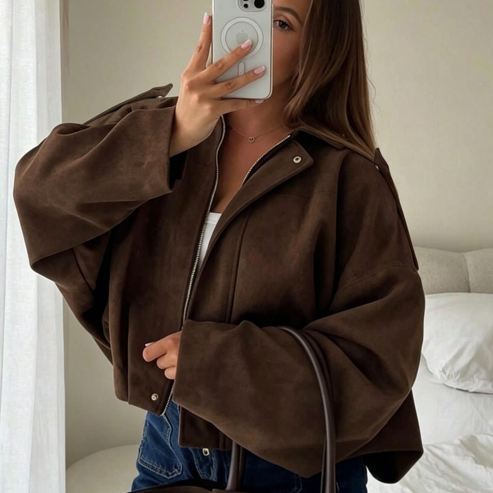 Women's New Solid Shoulder Loose Jacket, Fashion Retro Design Statement Coat With Lapel And Zipper