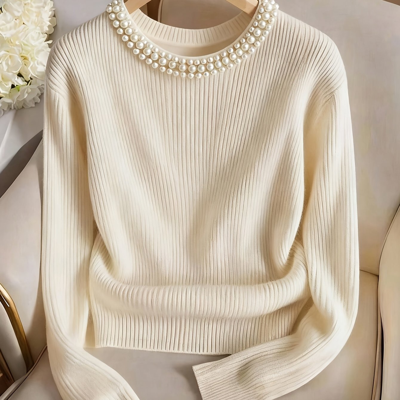 TEMU Women's Pearl-embellished Neckline T-shirt - Solid Color Blouse-compatible Basic Top Suitable For Casual & Dressy Wear, Machine Washable Non-