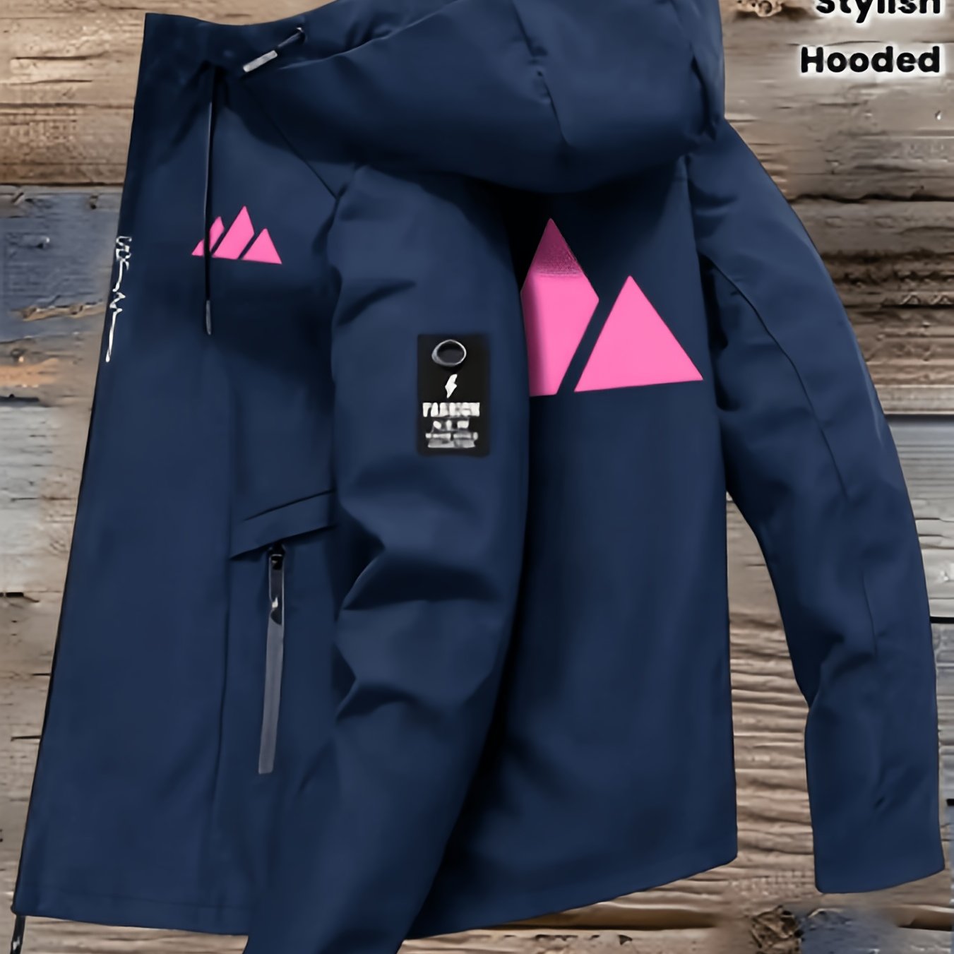 TEMU Pink Triangle Print Spring And Autumn Unisex Hooded Windbreaker Shell Jacket Men's Biker Style Outdoor Mountaineering Coat With High Quality