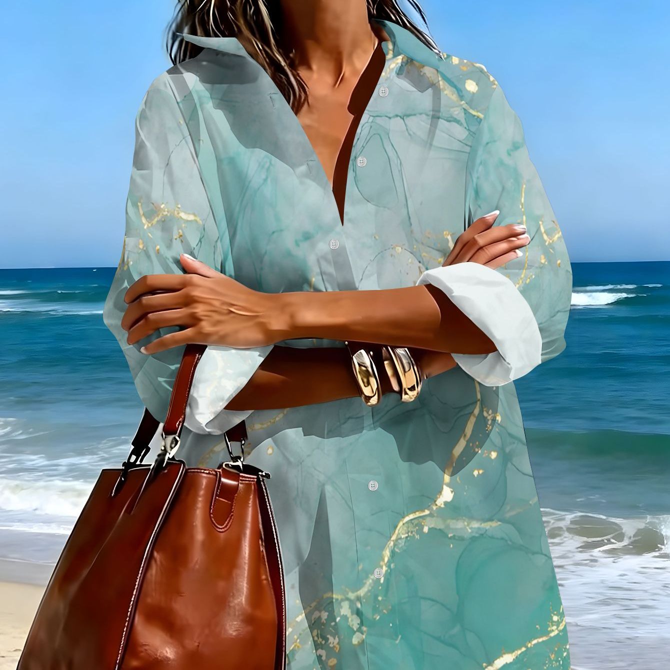 TEMU Women's Fashion Long Sleeve Shirt Dress, Golden Flowing Art In Blue Ink Landscape Pattern, Summer Casual Party Versatile