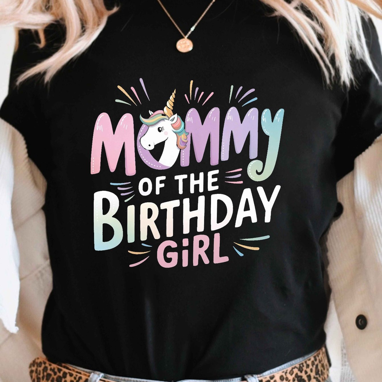 TEMU Unicorn Mommy Of The Birthday Print T-shirt, Short Sleeve Crew Neck Casual Top For Summer & Spring, Women's Clothing
