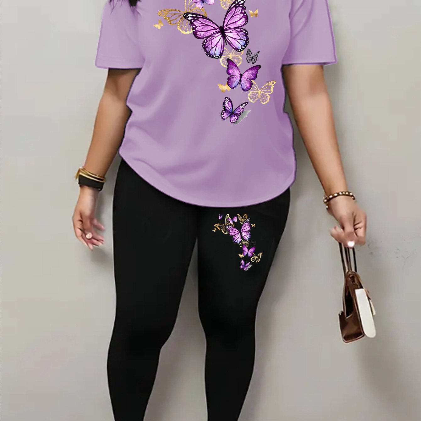 TEMU Spring, Summer, Autumn And Winter Period Fashion Women's Fantasy Gradient Purple Cartoon Printing Short Sleeves Pants Suit