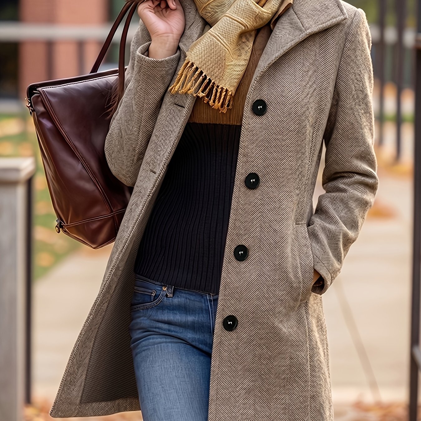 TEMU Damen Stehkragen Einreihige Gemischter Tweed, Langärmelige Mittel-lange Warme Oberbekleidung mit , Herbst/Winter Lässiges Oberteil als äußere