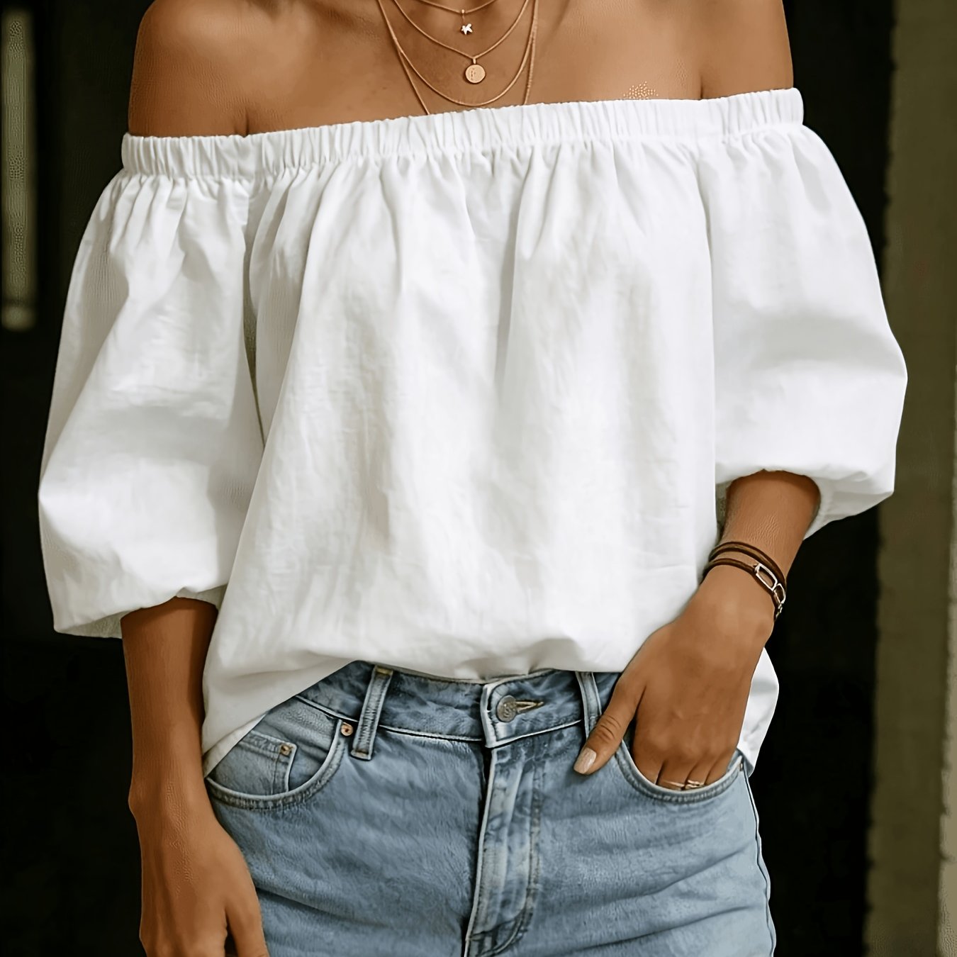 TEMU Summer Women's, Off-shoulder Solid Color Loose Sleeve, Minimalist Elegant Casual Comfortable Lantern Sleeve Top