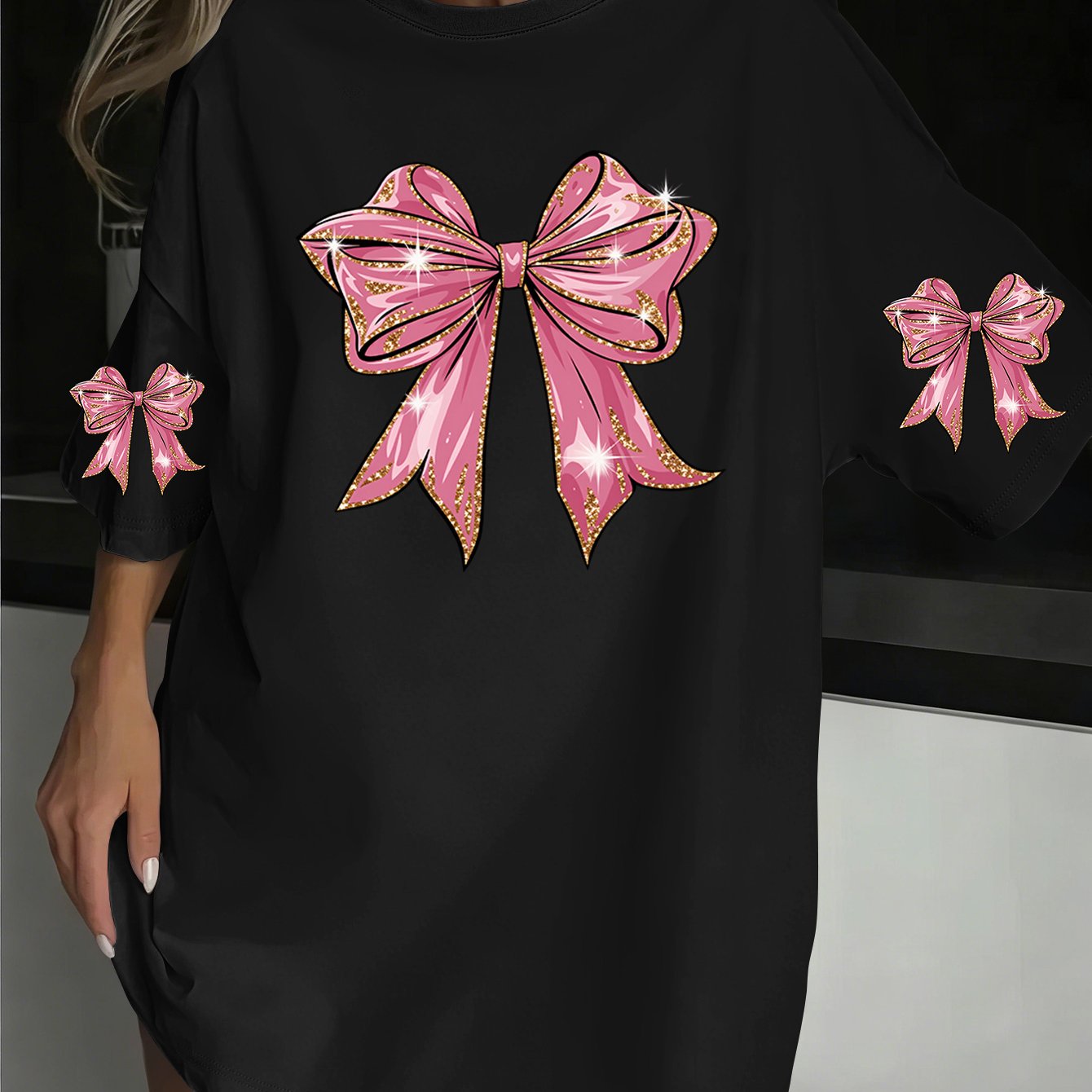 TEMU Plus Size, Pink Glitter Texture Bow Decorative Print Spring Summer Women Extended Plus Size Short Sleeve T Shirt Simple Casual Loose Versatile