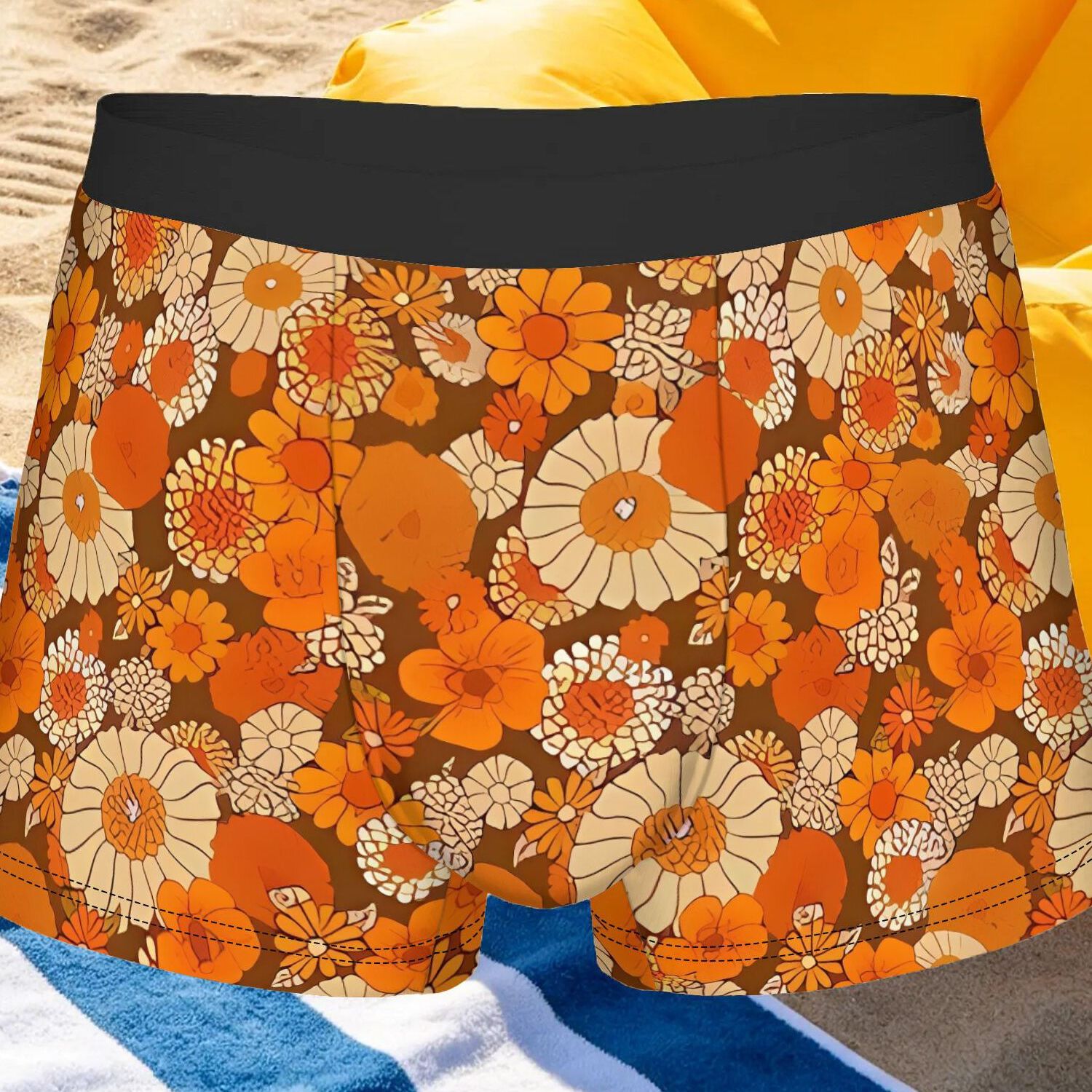 TEMU 1pc Men's Boho Daisies Boxer Briefs Underwear - Retro 70s Orange & Brown Breathable Shorts, Non- Suitable For Casual Wear, Machine Washable