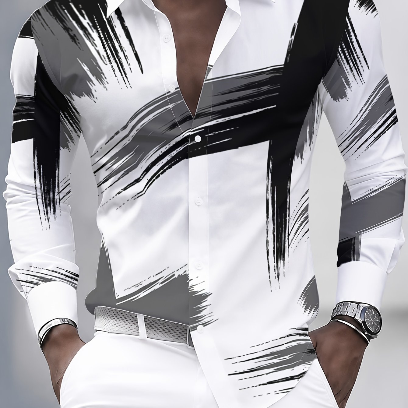 TEMU [printed Design - Not Textured] Men's Black White Gray Brushed Stripe Shirt, Trendy Casual Long Sleeve Collar Dress Shirt