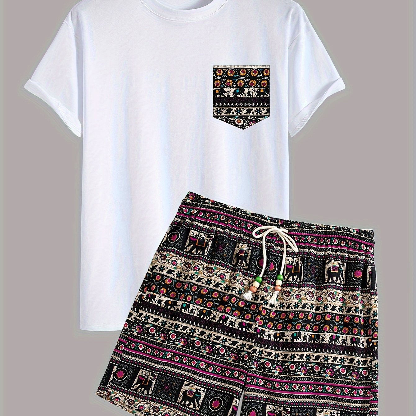 Men's Random Print Pocket Round Neck Short Sleeve T-shirt And Drawstring Elastic Waist Shorts Set