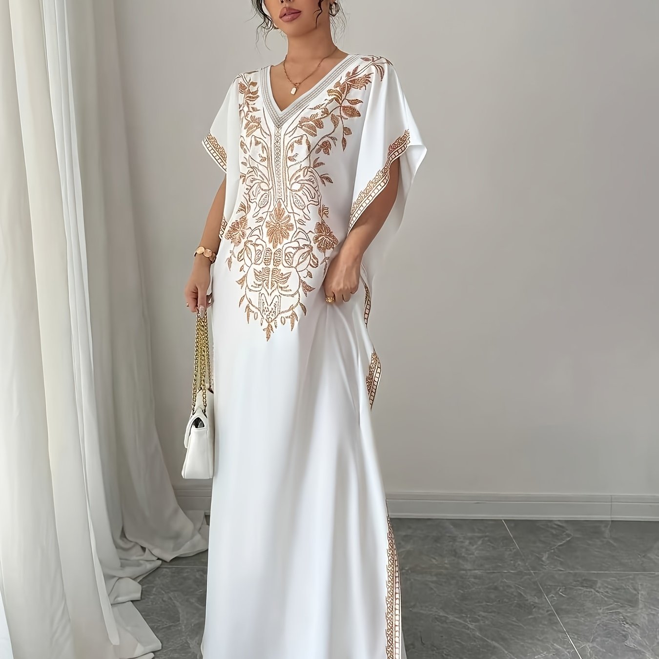 TEMU Women's Summer Elegant Casual Robe, Floral Print V-neck, Slit Long Dress