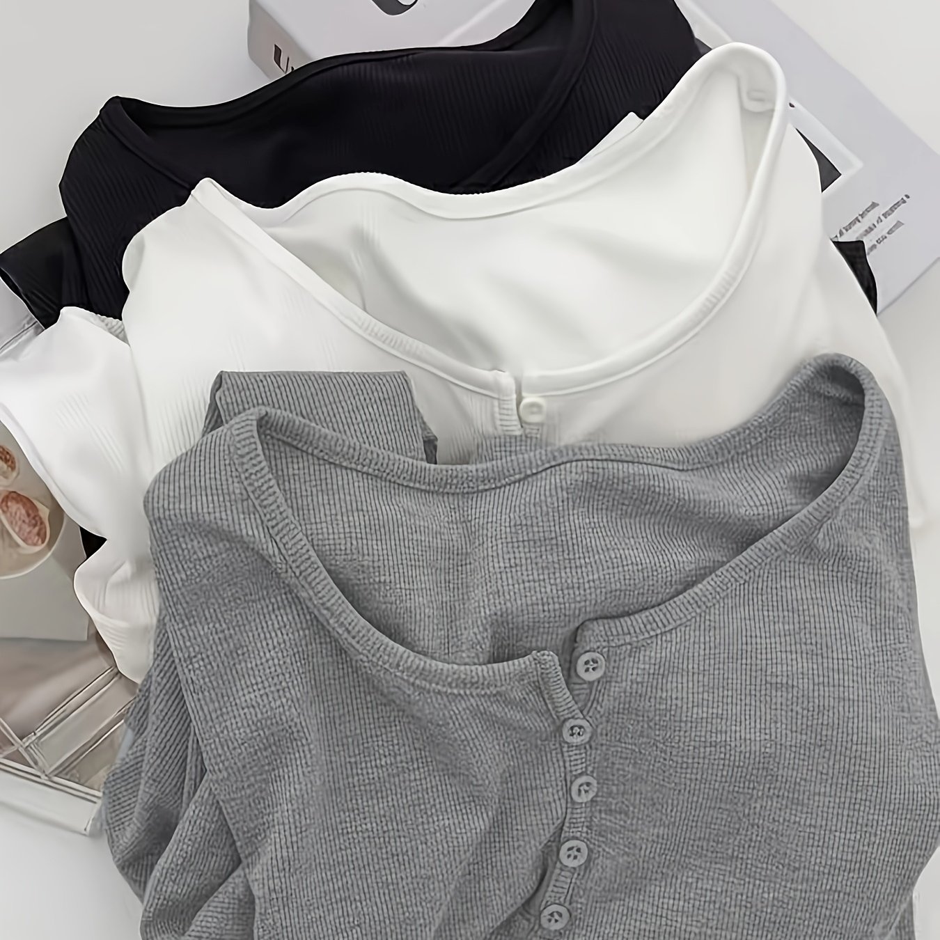 TEMU 3pcs Solid Color Long Sleeve T-shirt, /autumn Base Layer, Simple Half-open Collar With Button Decoration, Versatile Top For Casual, Commuting,