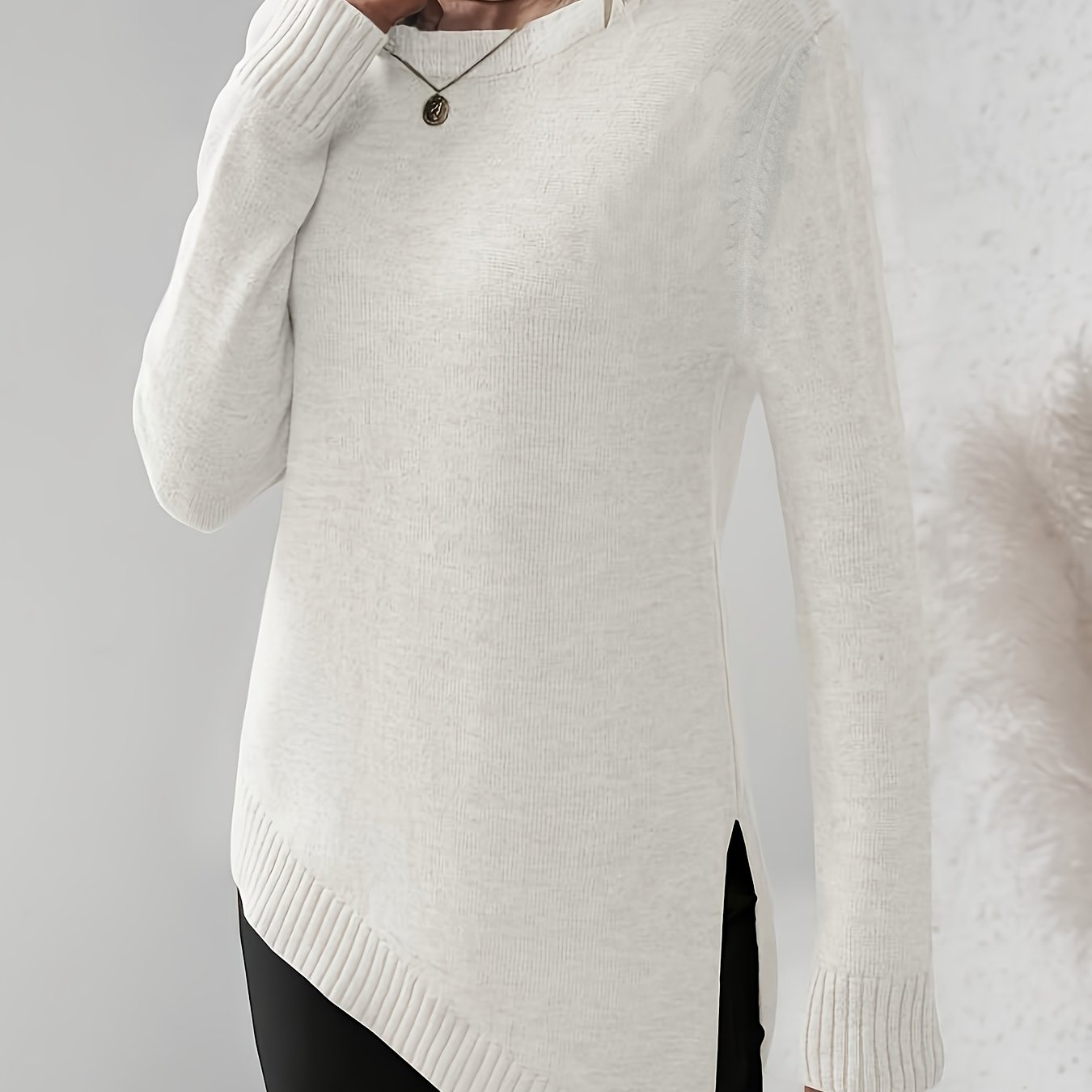 Directional Thin Asymmetric Hem Slit Pullover Sweater For Women