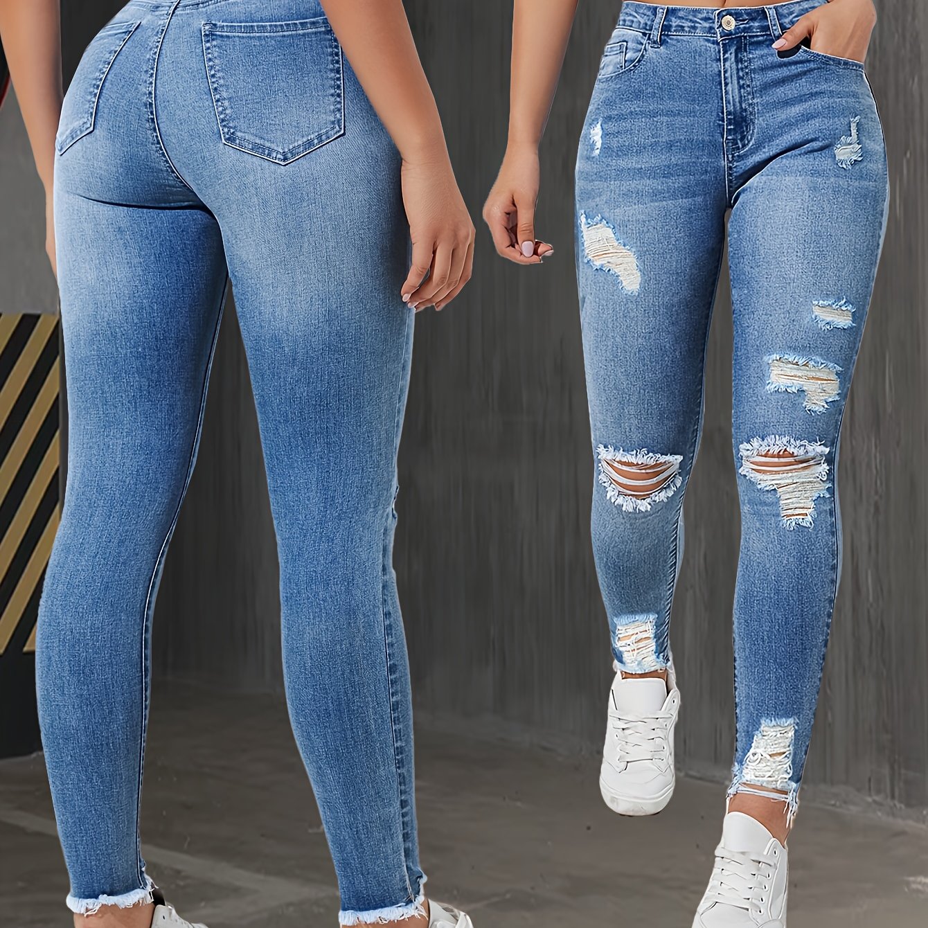 Light Blue Distressed Stretch Women's Slim-fit Skinny Jeans