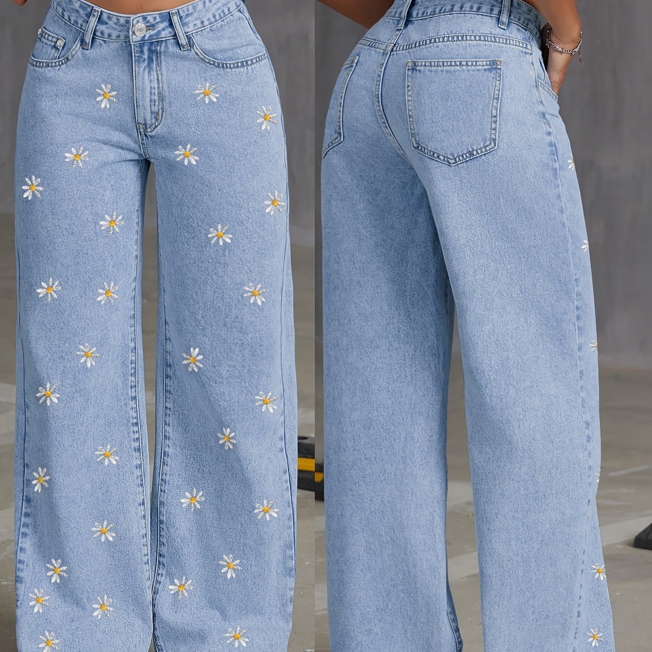 Women's Vintage Light Blue Floral Embroidery Denim Pants, Casual Loose Wide-leg Straight-leg Trousers For Fall Outfits