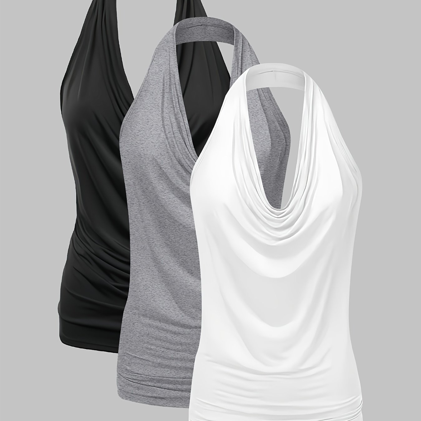 A Set Of 3 Solid Color Backless Halter Tops For , White, And Gray