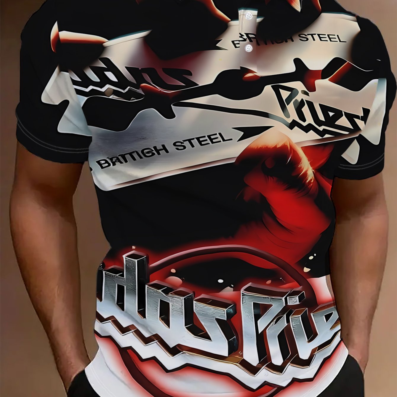 TEMU Men's Short-sleeved Shirt - Flat Digital Printing Pattern - No Texture - Heavy Metal Band British Steel Logo Vivid, Stylish And Easy Short