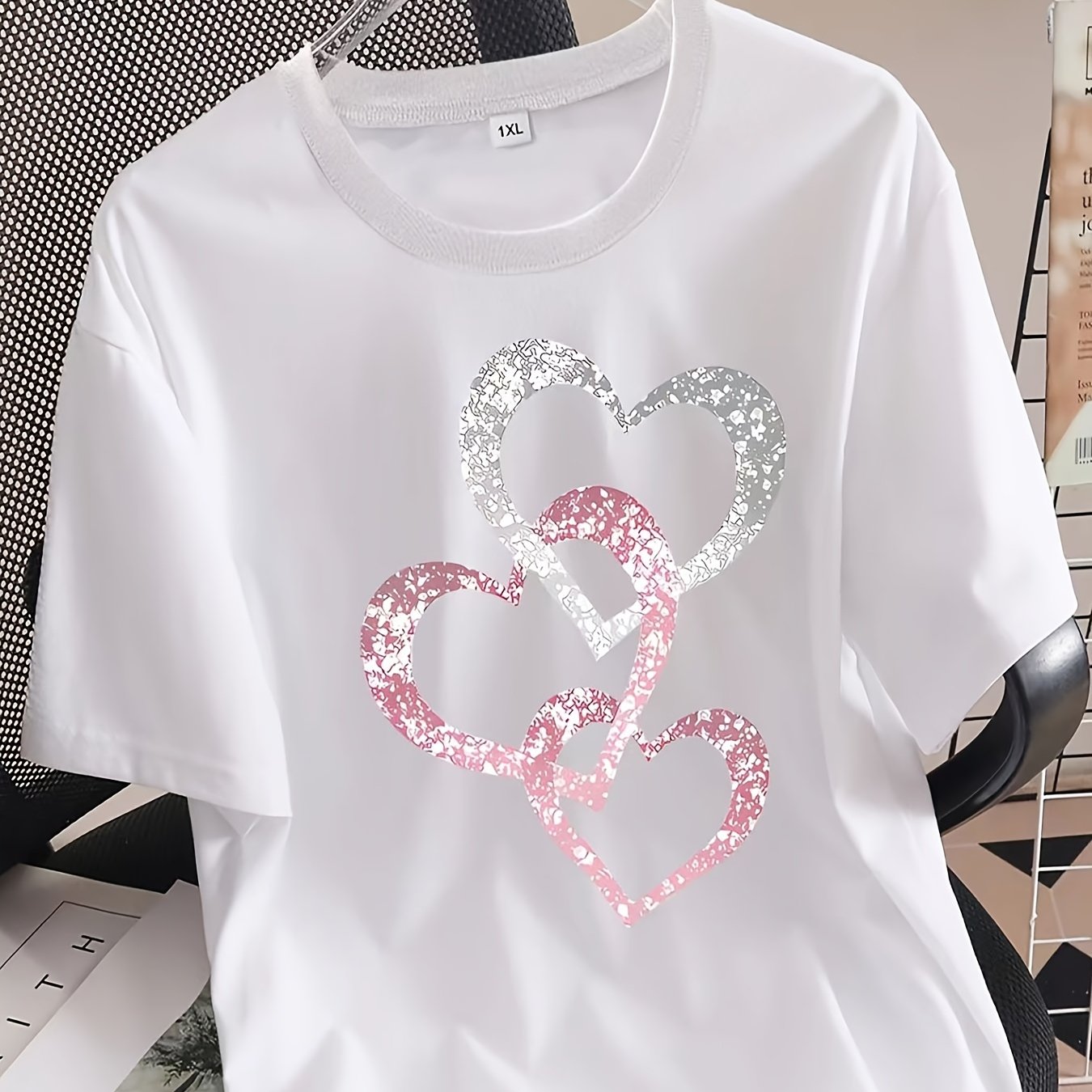 TEMU Plus Size, Women's Plus Size & Big Size Short Sleeve T-shirt - Abstract Circle Print Round Neck Top, Comfy Stretch Fabric Casual Elegant Blouse