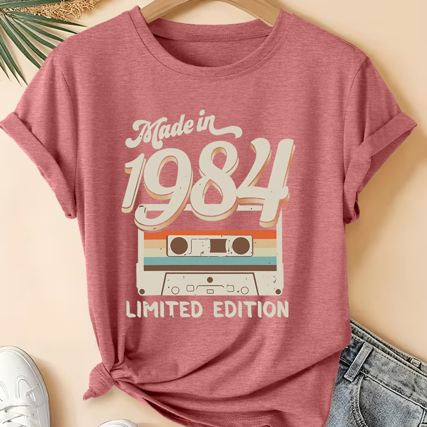 TEMU Women's Summer Clothing Made In 1984 Edition Cassette Style Printed Round Neck Short Sleeve Plus Size Friendly Women's T-shirt, Fashionable