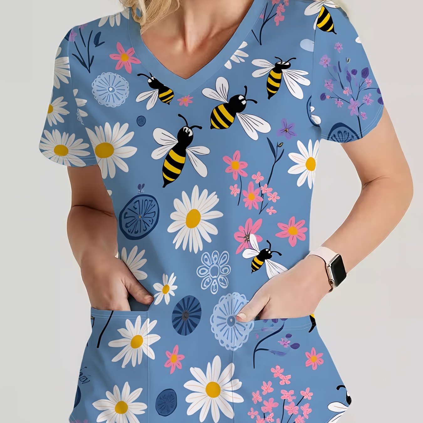 TEMU Women's Soft Short-sleeve V-neck T-shirt - Full- & White Uniform Suitable For Uniforms, Nursing Scrubs, Workwear, Machine Washable Non- Blouse