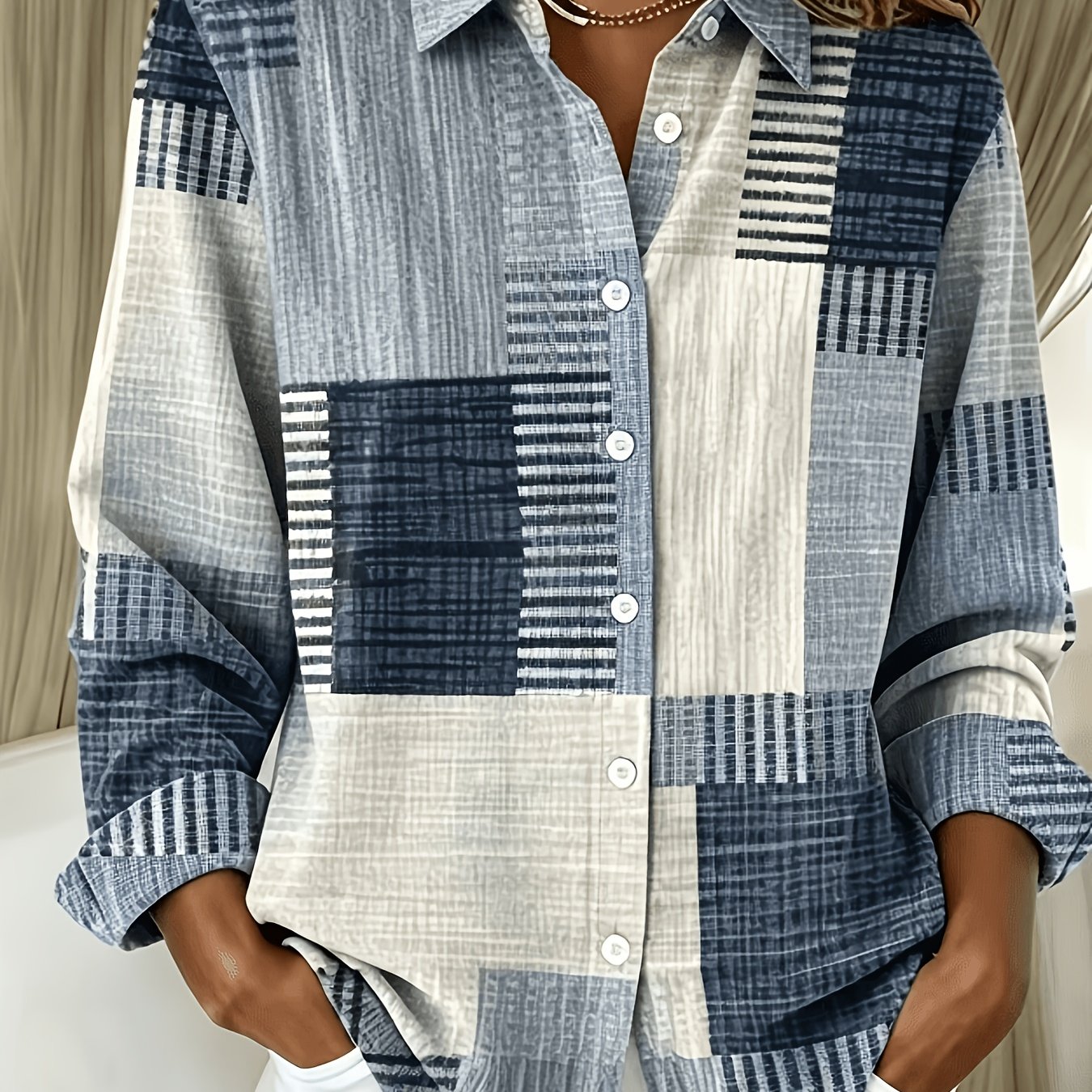 TEMU Elegant Special Edition Women's Printed Shirt - Long Sleeve Button-up, Classic Collar, Suitable For Office, Commute, Or Formal Events, Office
