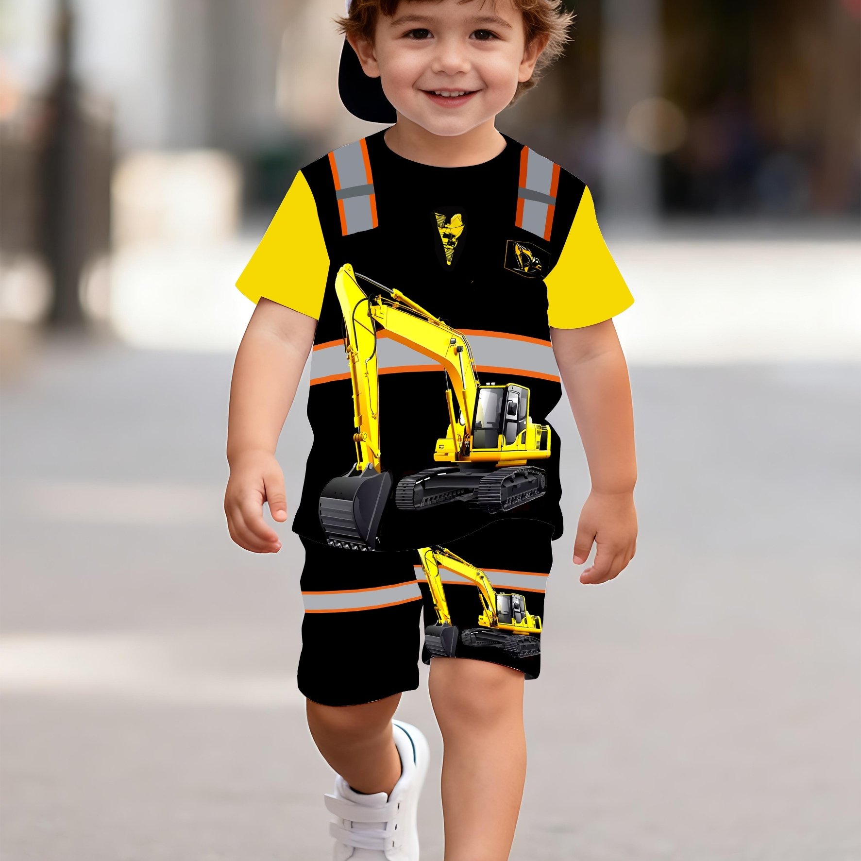 Image of Boys' Excavator Pattern Clothing Summer Style Fashion Print Design Short Sleeve T-shirt Top And Shorts 2pcs Set, Suitable For Daily Outdoor Wear, For Outdoor