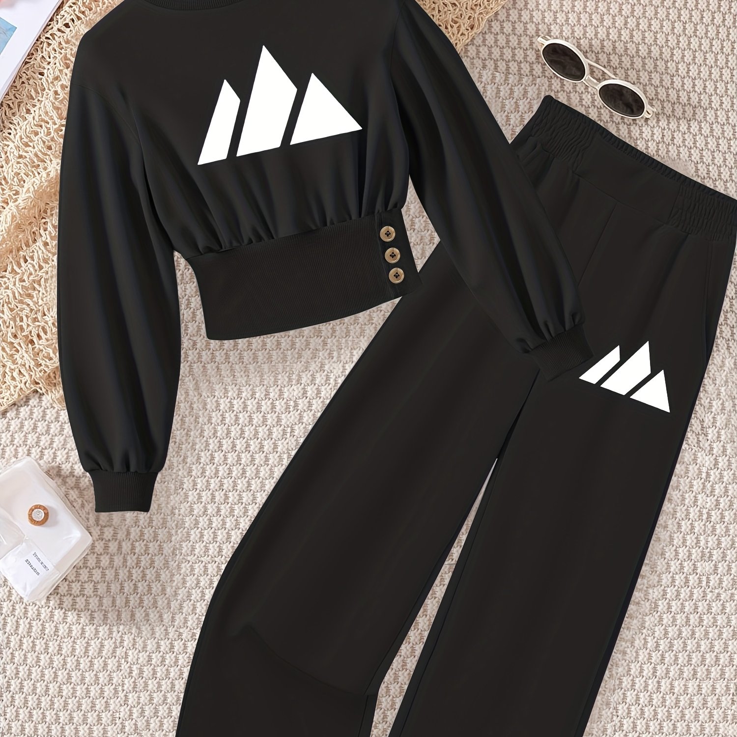 TEMU Petite Proportional Set! Western Style Printed Short Top And High-waist Wide-leg Pants, Unlock Long Legs With 1 Click, Spring 2025 Must-have