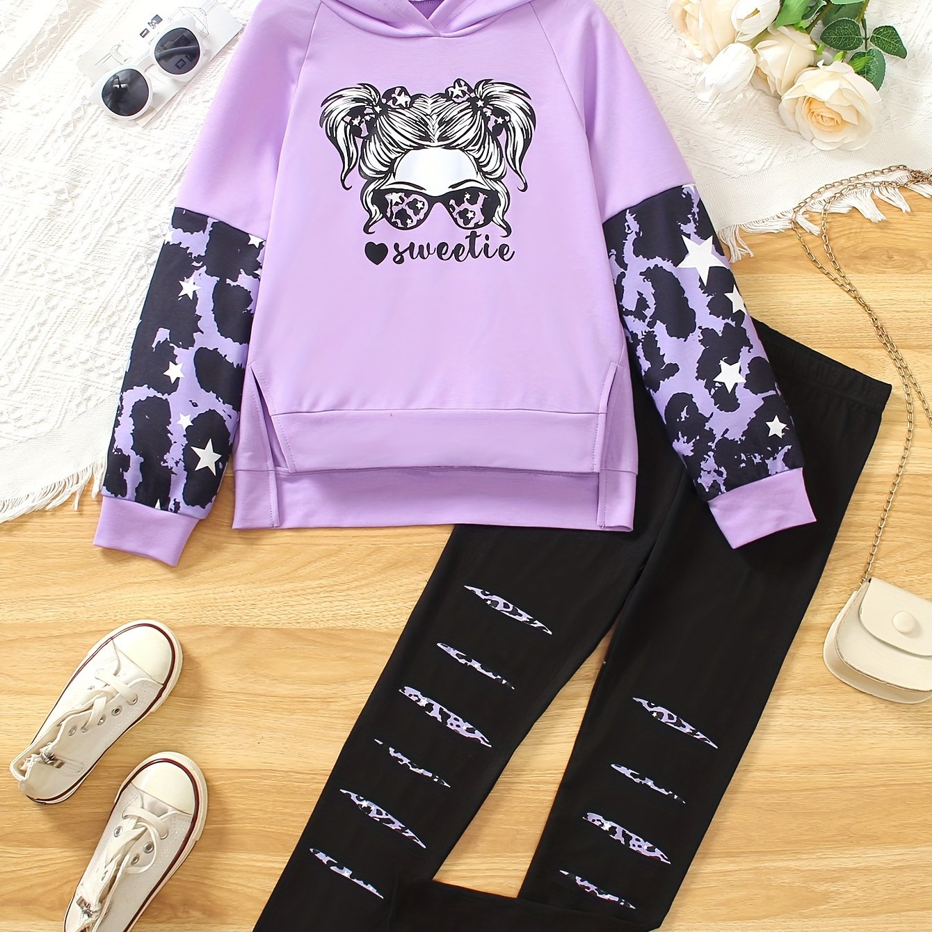 Image of Two-piece Set For Older Girls: Casual Character Print Hooded Long Sleeve Jacket And Random Ankle-length Pants Regular Spring/fall Trousers, Perfect For Outdoor