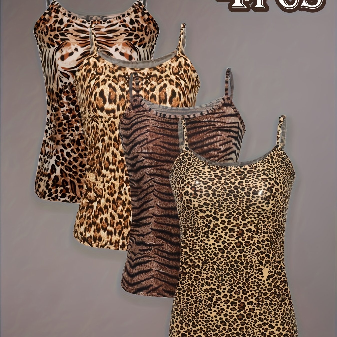 Image of 4pcs Women's Leopard Print Camisole Tank Tops, Sleeveless Adjustable Spaghetti Strap Shirts, Casual Tank Tops
