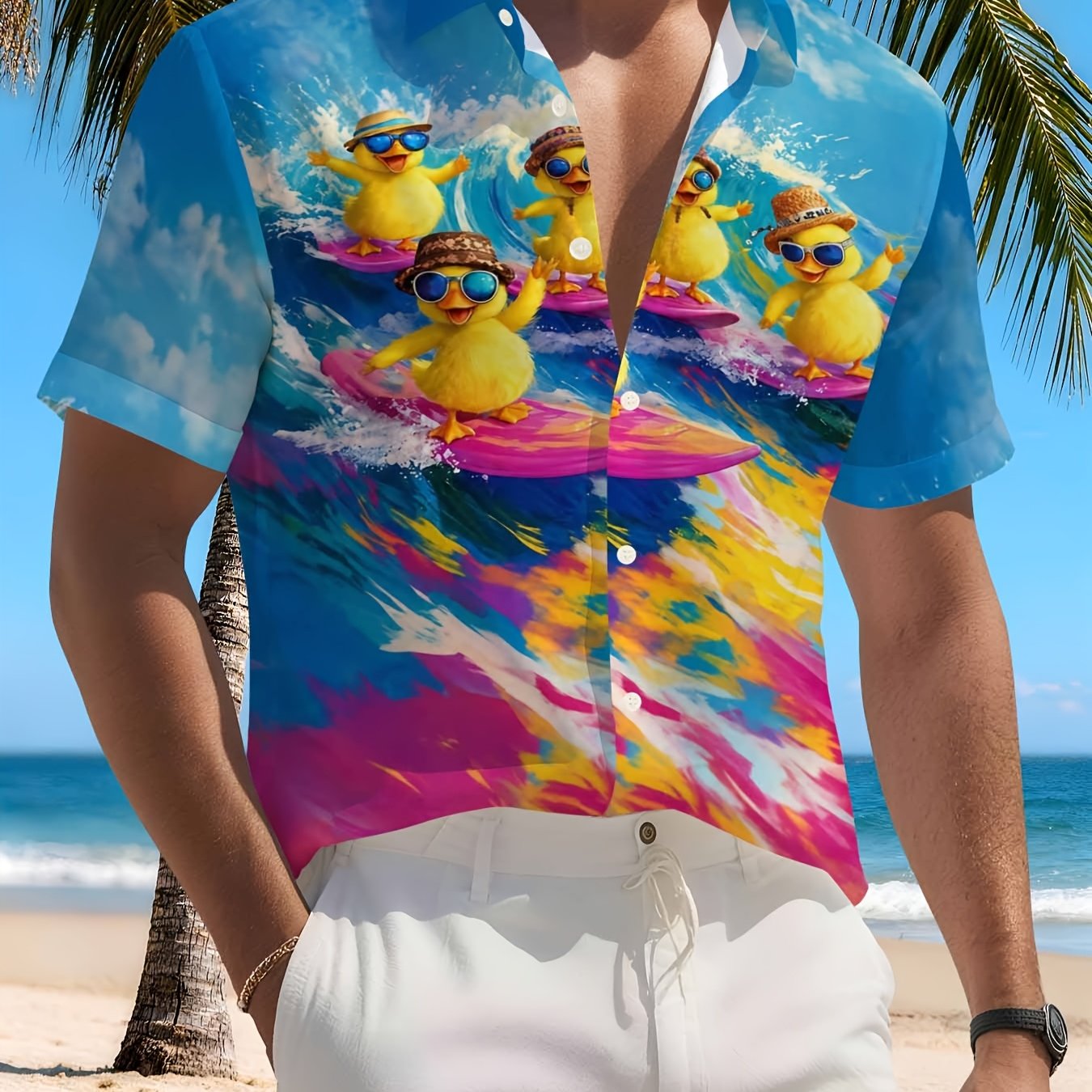 TEMU Cartoon Surfing Yellow Duck Hawaiian Shirt Men's Summer Casual Short Sleeve Beach Shirt