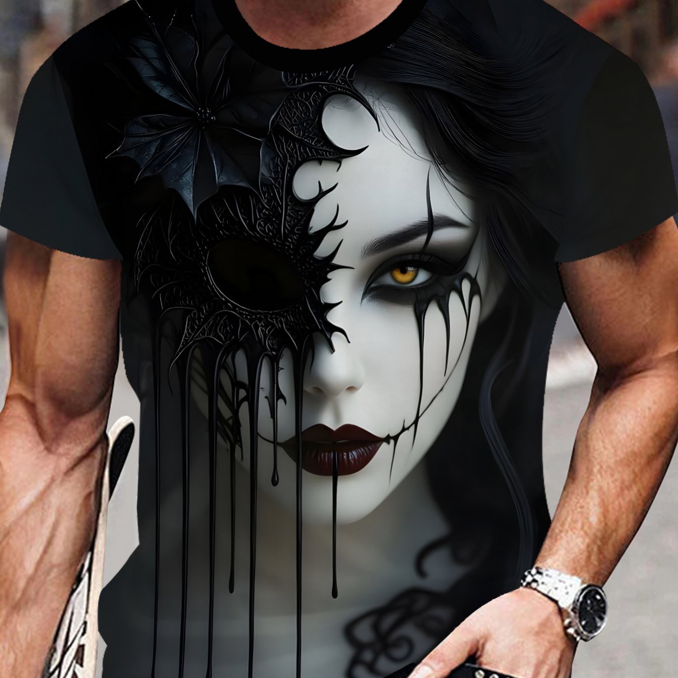 TEMU Summer New Arrival Printed T-shirt For Men, Short Sleeve, European And American Dark Style Streetwear, Round Neck Top For Trendy Men, Style